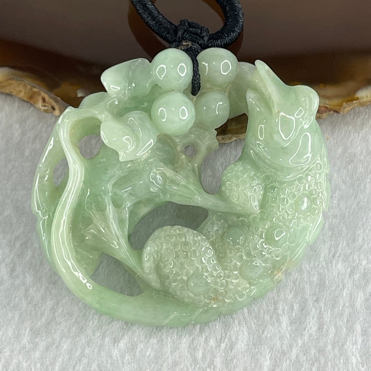 Natural Type A Light Green Jadeite Iguana Lizard on Plant Pendant 46.55g 49.7 by 51.1 by 13.9mm