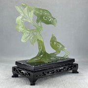 Natural Green Serpentine Double Birds on Tree with Wooden Stand Display 322.6g 74.0 by 155.0 by 75.8mm - Huangs Jadeite and Jewelry Pte Ltd