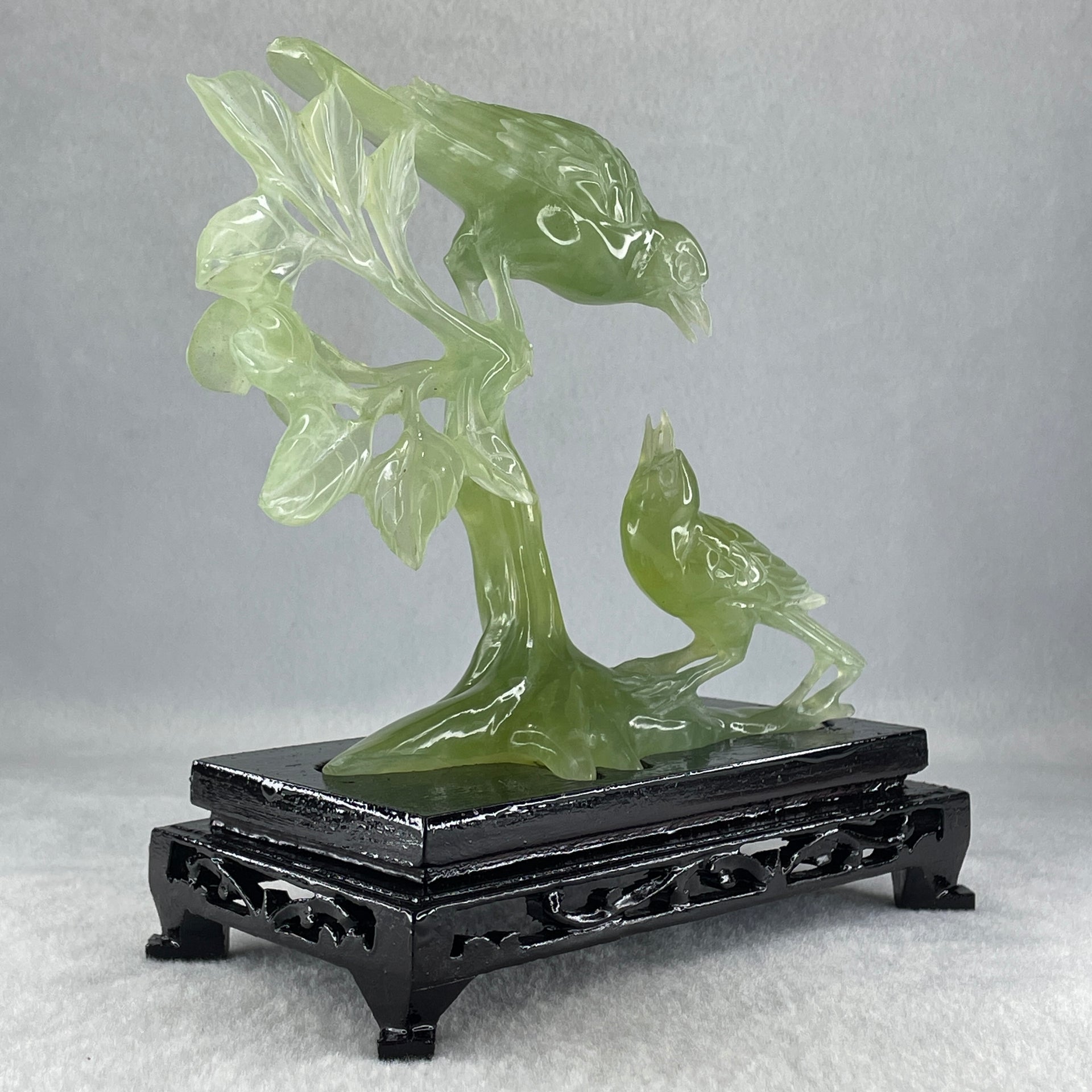 Natural Green Serpentine Double Birds on Tree with Wooden Stand Display 322.6g 74.0 by 155.0 by 75.8mm - Huangs Jadeite and Jewelry Pte Ltd
