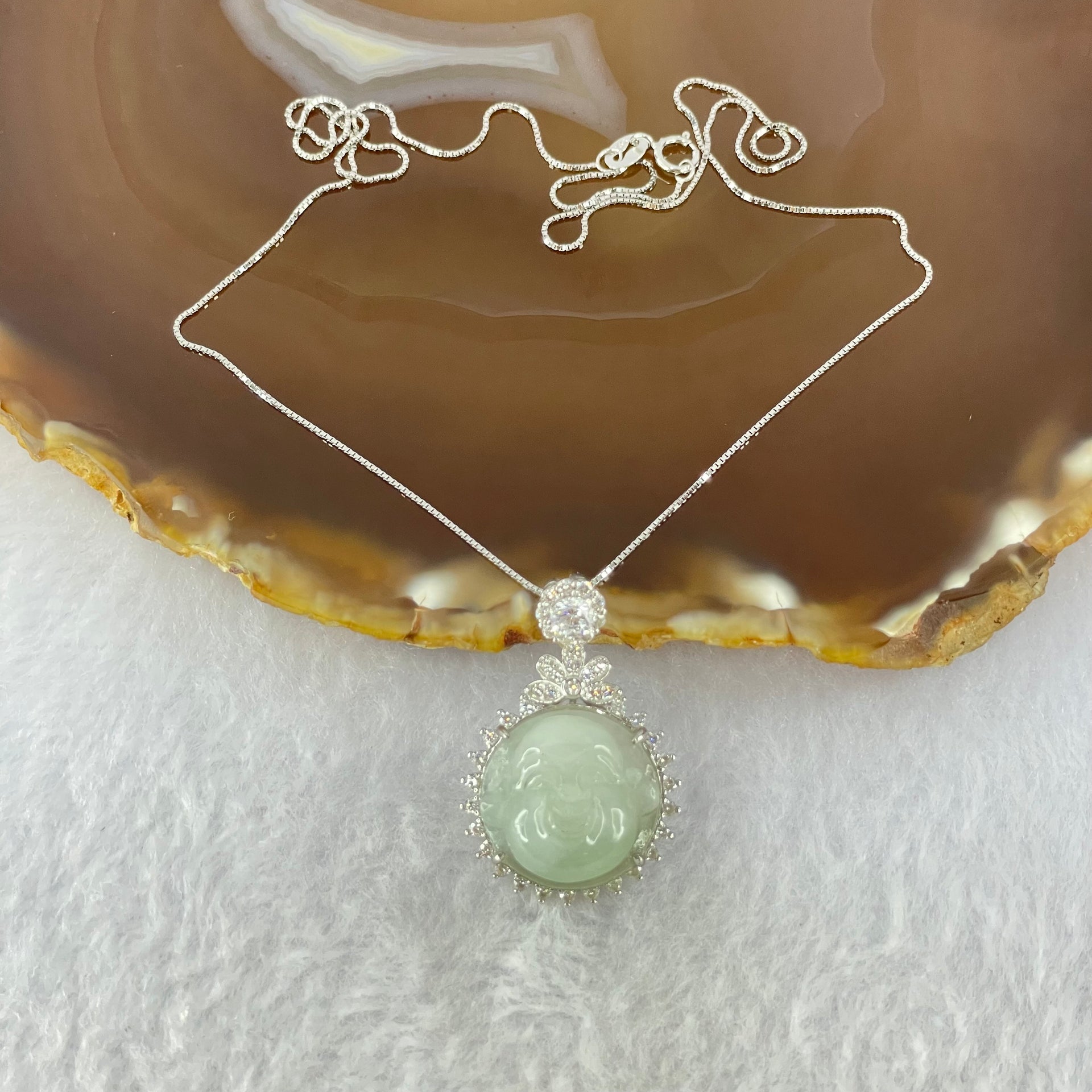 Type A Faint Green Lavender Milo Buddha with Crystals in S925 Sliver Pendant and Necklace 7.16g 16.5 by 16.5 by 9.4mm - Huangs Jadeite and Jewelry Pte Ltd