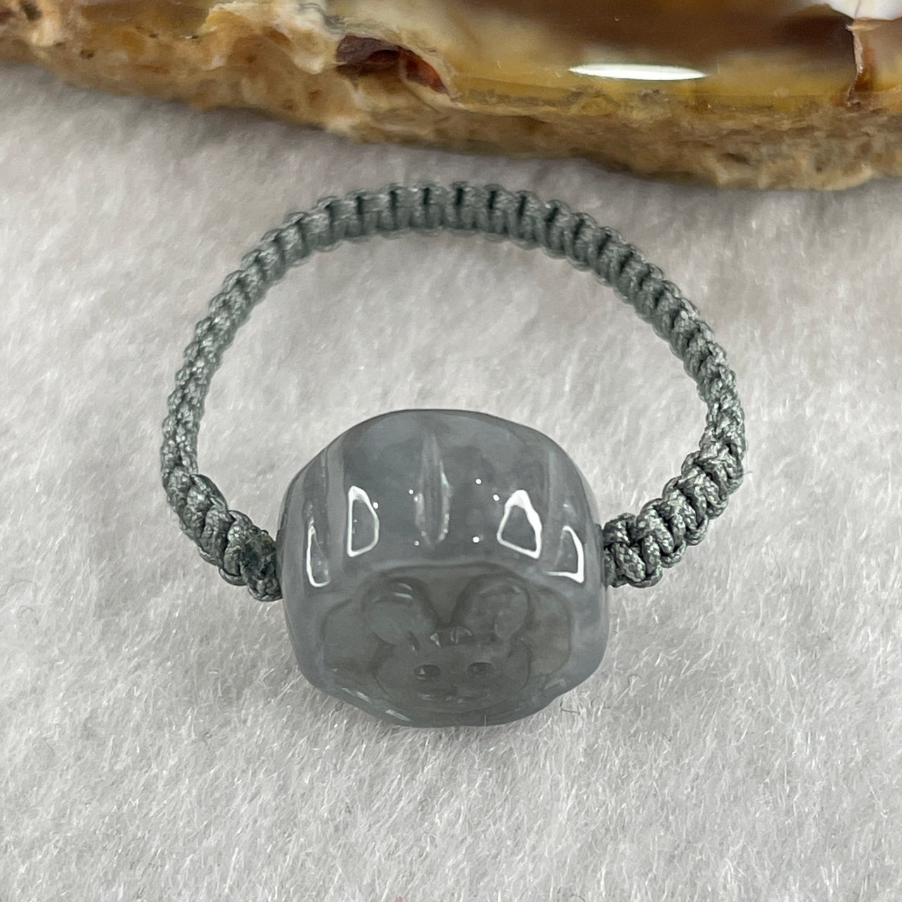 Natural Type A Wuji Grey Jadeite Rabbit String Elastic Ring 2.16g 11.7 by 11.2 by 6.6mm