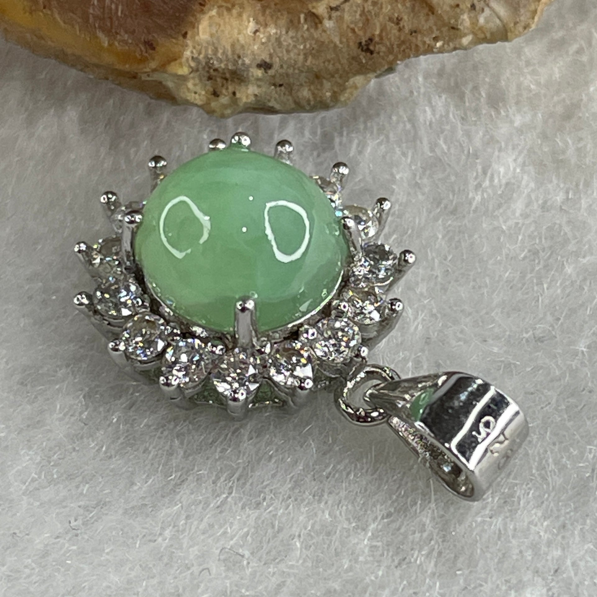 Type A Green Jadeite Pendant with Cubic Zirconia in S925 Sliver 1.89g 7.6 by 5.0mm - Huangs Jadeite and Jewelry Pte Ltd