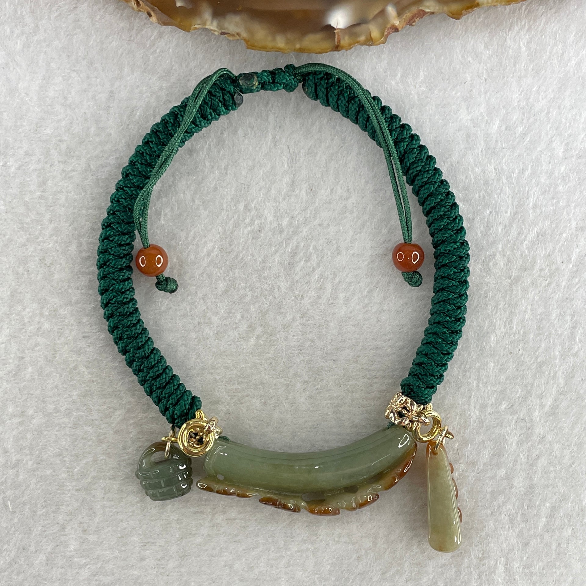 Natural Type A Brownish with Green Jadeite Flowers with Gold Fish and Bag Charms Bracelet 12.29g 17cm 7.0 by 10.9mm - Huangs Jadeite and Jewelry Pte Ltd