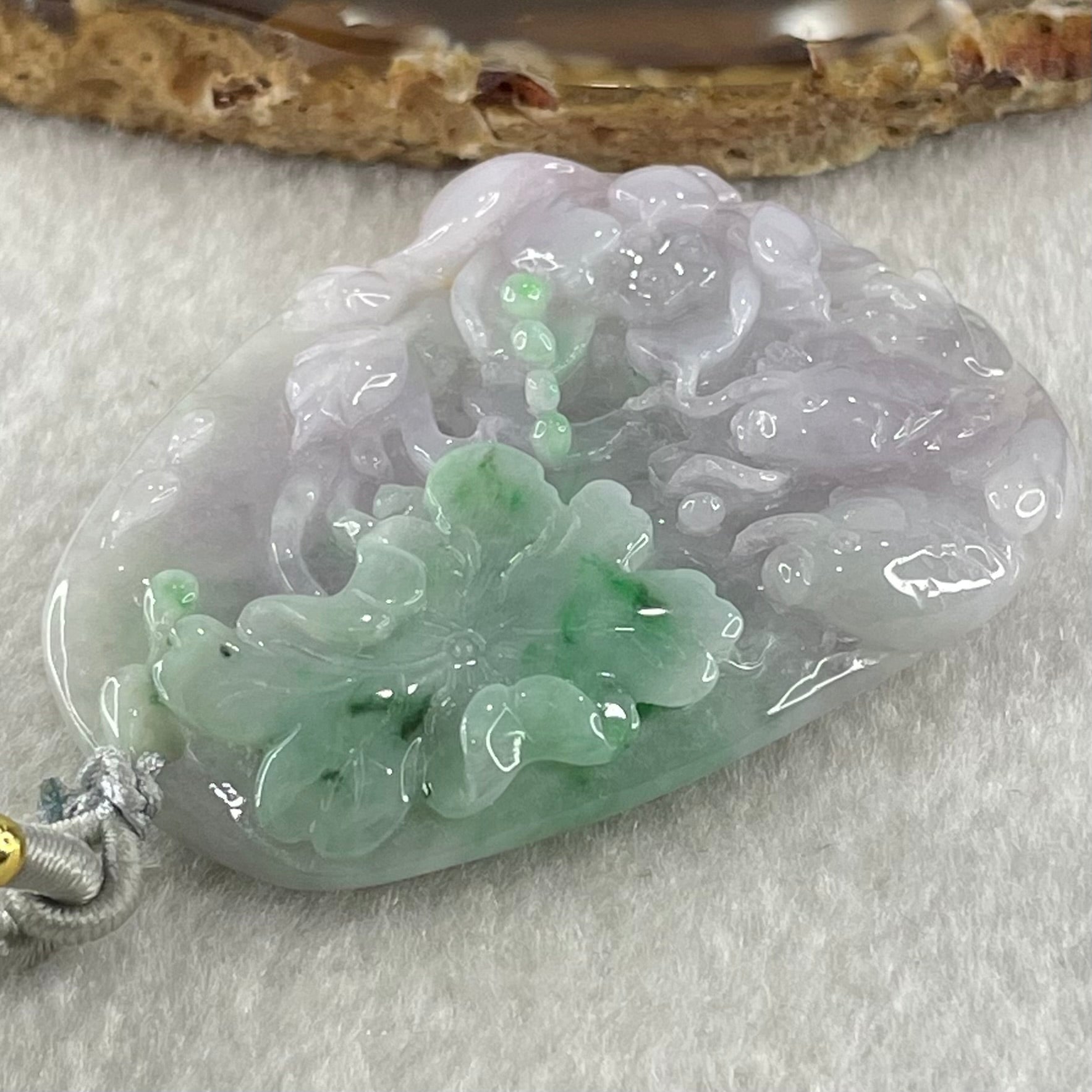 Type A Lavender with Spicy Green Patches Jadeite Lotus Flower and Double koi 51.34g 56.8 by 42.2 by 11.8mm - Huangs Jadeite and Jewelry Pte Ltd