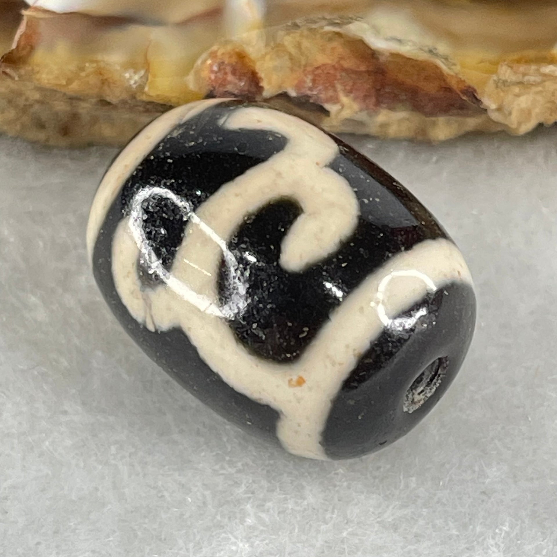 Natural Powerful Tibetan Old Oily Black White Agate Green Tara Dzi Bead Heavenly Master (Tian Zhu) 绿度母天珠 4.80g 17.4 by 13.5mm - Huangs Jadeite and Jewelry Pte Ltd