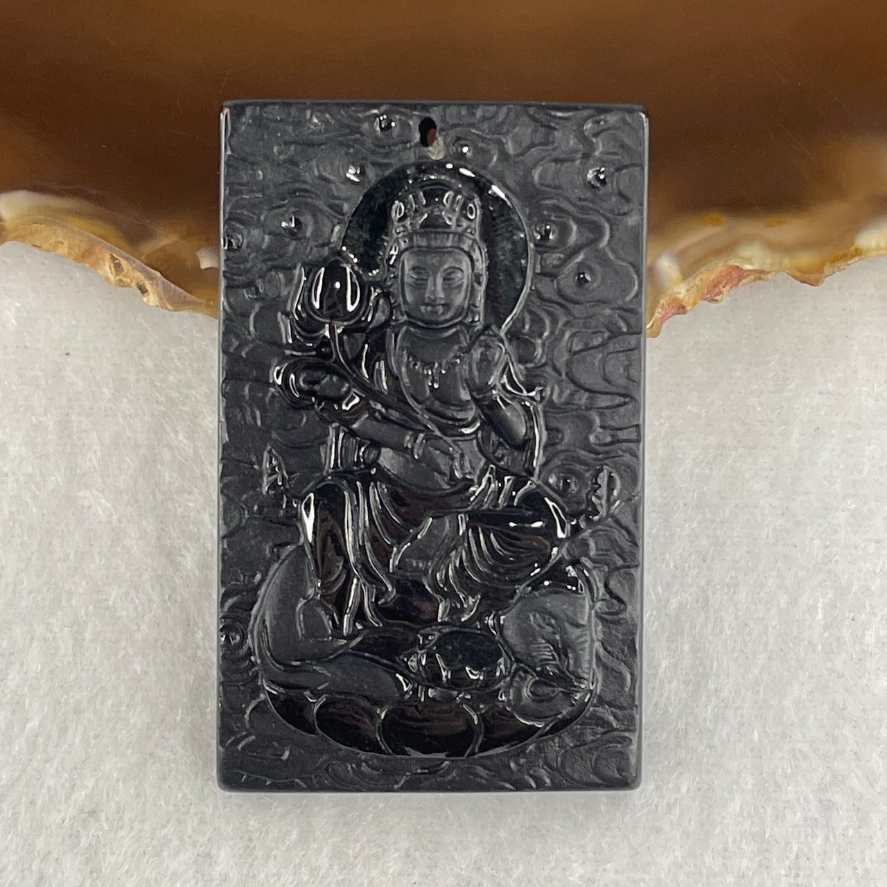 Certified Type A Opaque Black Omphacite Jadeite Samantabhadra Bodhisattva on Elephant & Jade Emperor Pendant | Action & Celestial Governance Talisman (32.56g | 51.4 x 31.9 x 8.2mm)