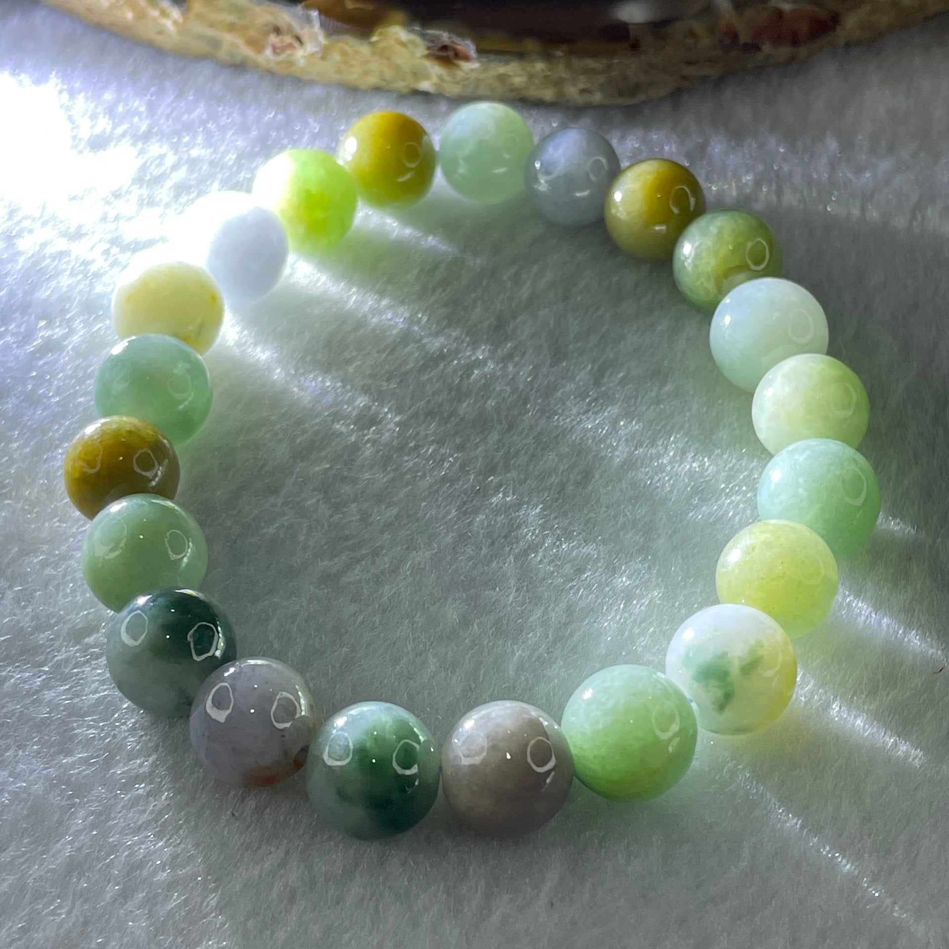 Natural Type A Multi Tone Green with Yellow and Lavender Jadeite Round Shape Beads Bracelet 31.76g 16cm 9.9mm 21 Beads - Huangs Jadeite and Jewelry Pte Ltd