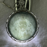 Type A Dark Blueish Green Jadeite Guan Yin 37.3 by 2.0mm with Crystals Pendant in S925 Sliver Necklace 15.30g - Huangs Jadeite and Jewelry Pte Ltd