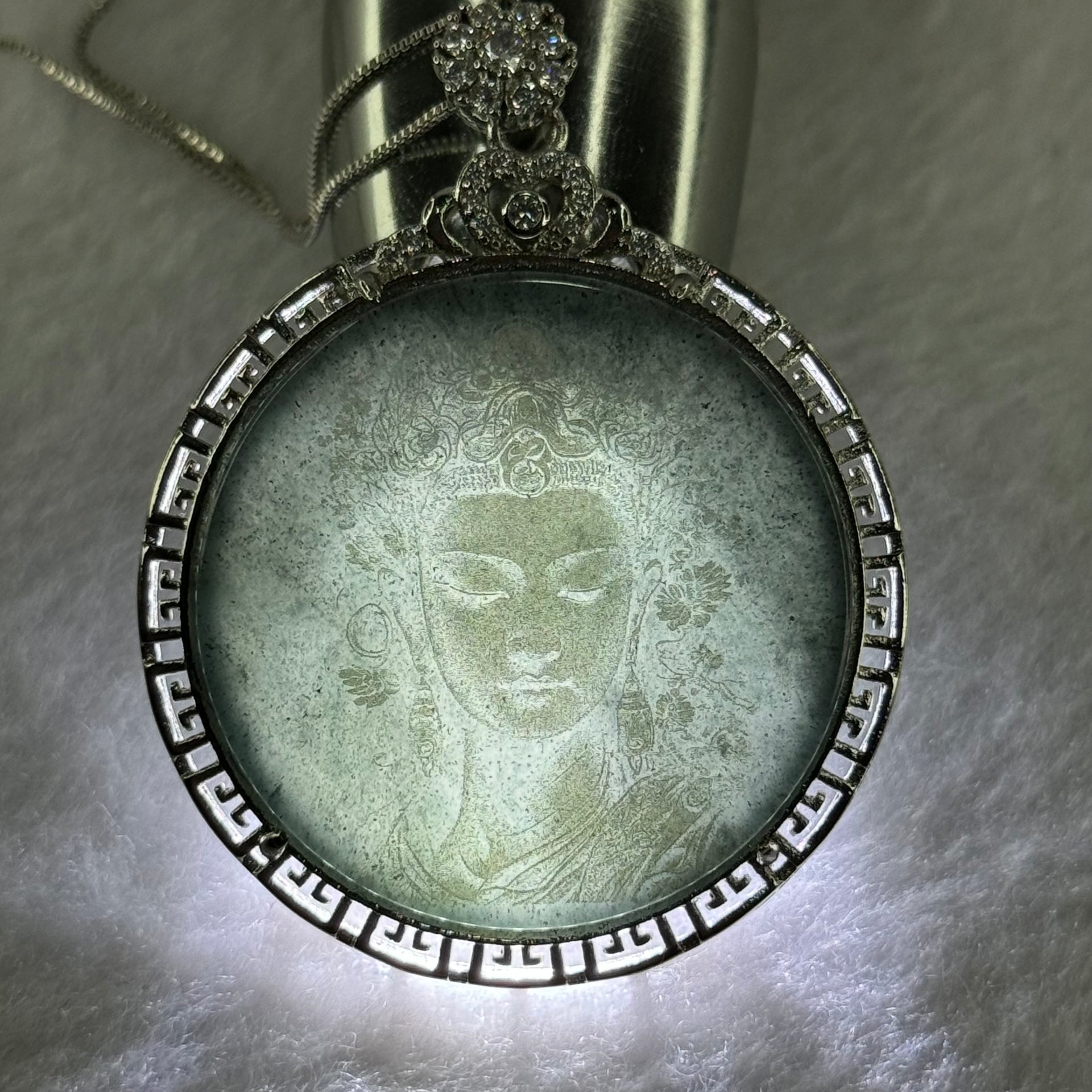 Type A Dark Blueish Green Jadeite Guan Yin 37.3 by 2.0mm with Crystals Pendant in S925 Sliver Necklace 15.30g - Huangs Jadeite and Jewelry Pte Ltd