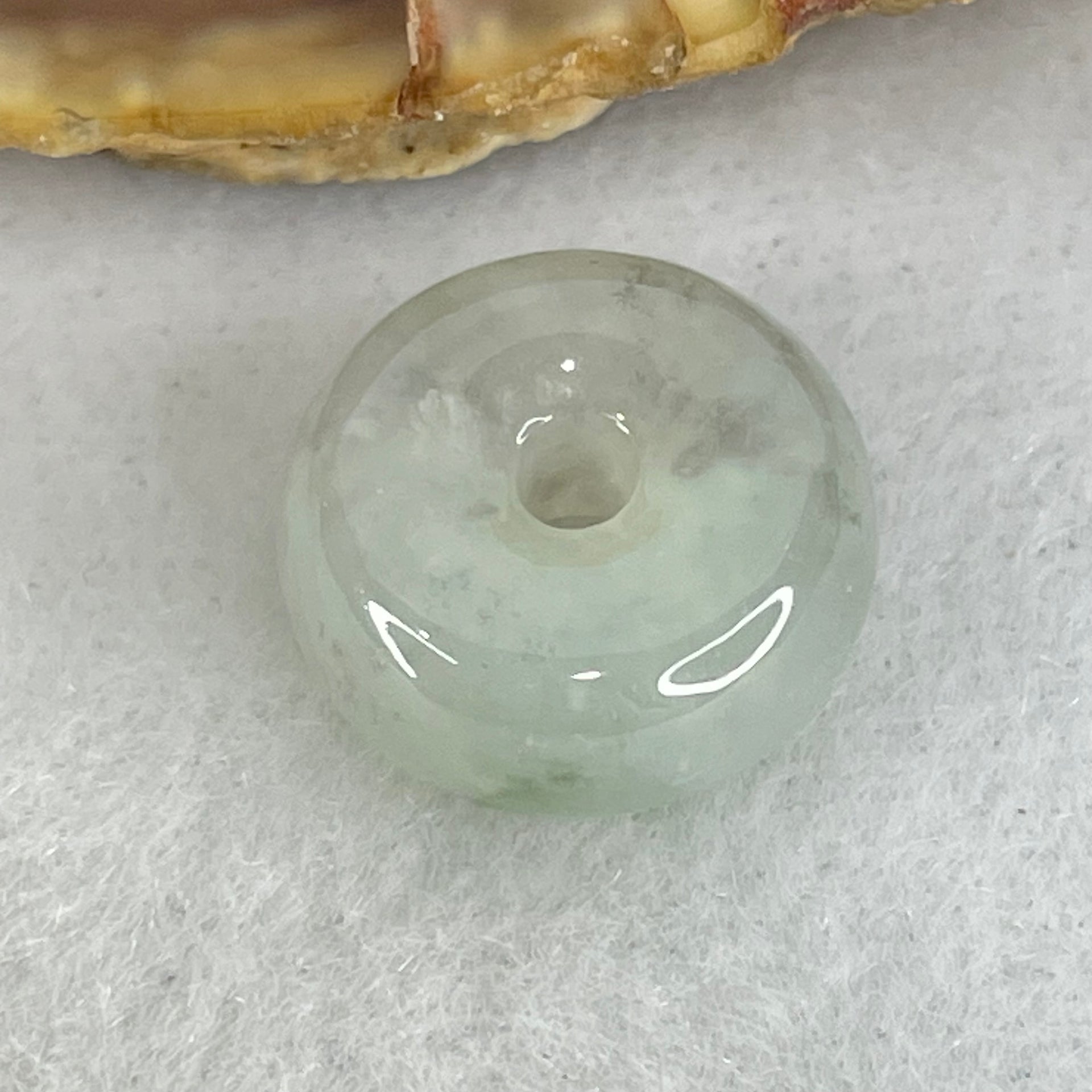 Type A Semi Icy Light Green With Wuji Grey Spots Jadeite Ping An Kou Donut Pendant 2.80g 14.0 by 6.8mm - Huangs Jadeite and Jewelry Pte Ltd