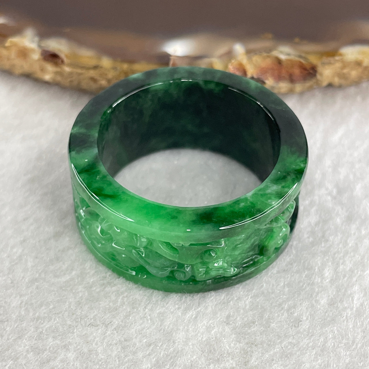 Certified Type A Burmese Old Mine Green Om Mani PadMe Hum Jade Jadeite Ring 11.31g US13.75 HK31 Inner Diameter 23.1mm - Huangs Jadeite and Jewelry Pte Ltd