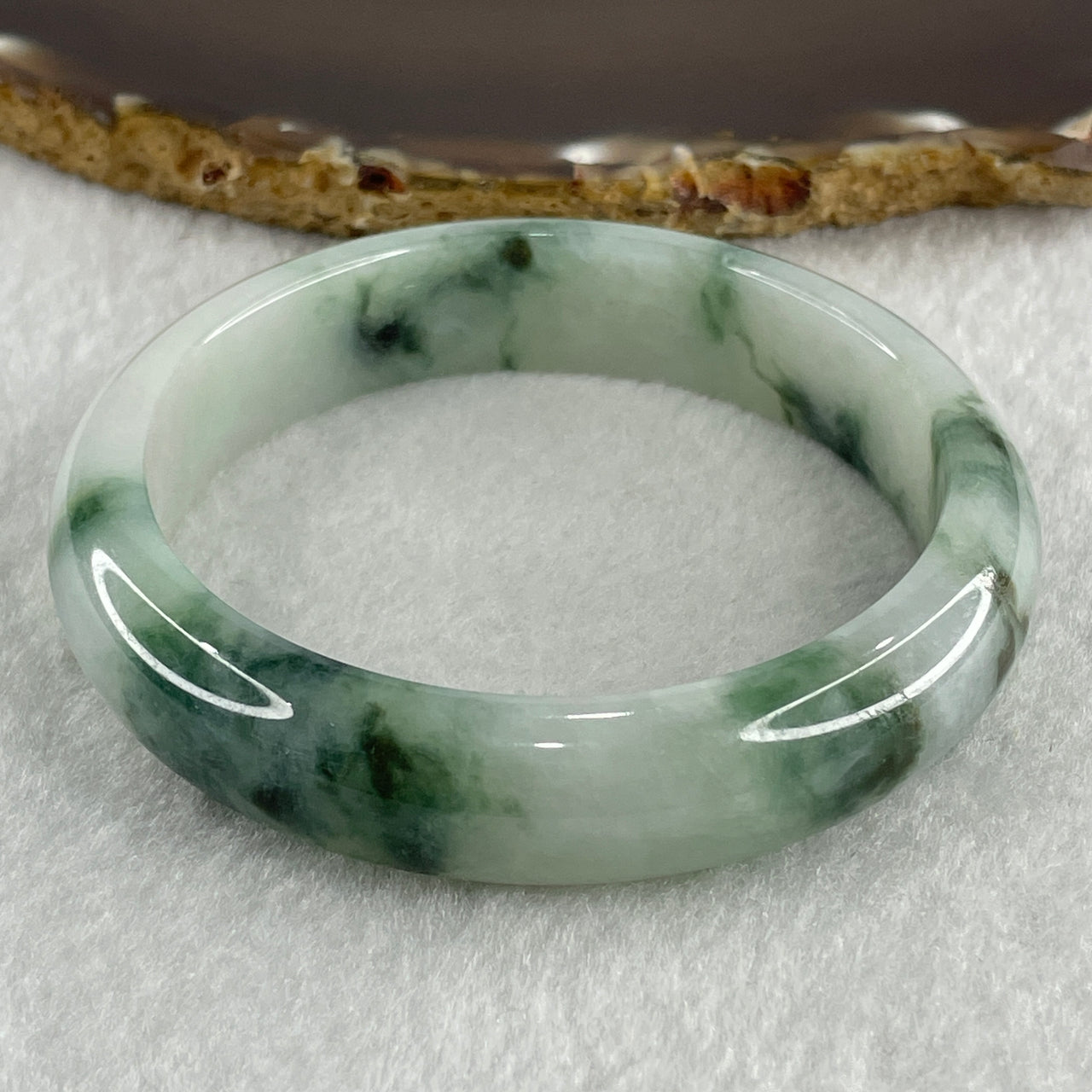 Certified Type A Natural Light Green with Old Mine Green and Brownish Piao Hua Jadeite Bangle 59.79g Inner Diameter 58.2mm 13.6 by 9.5mm (Very Slight Internal Line )