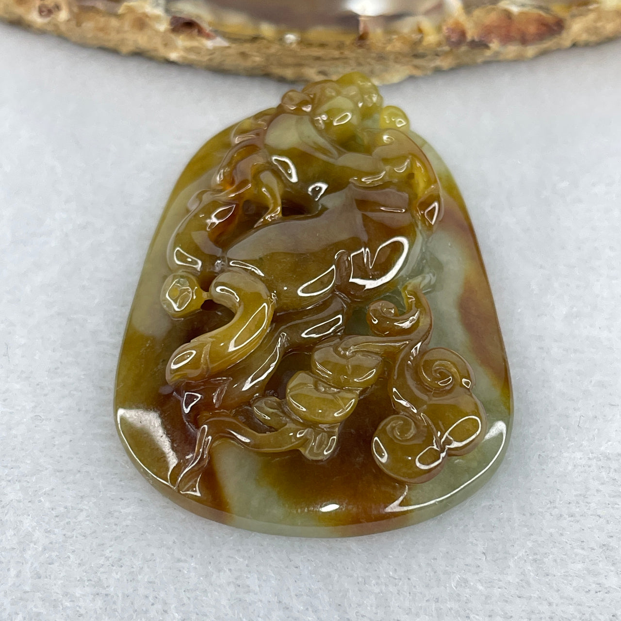 Certified Natural Type A Imperial Brownish Yellow & Green Jadeite Horse with Ancient Coin Pendant | Masterpiece Deep High-Relief Carving | Ultimate Myanmar Feicui Career Victory & Immediate Wealth Amulet (27.40g | 50.1x34.4x10.0mm)