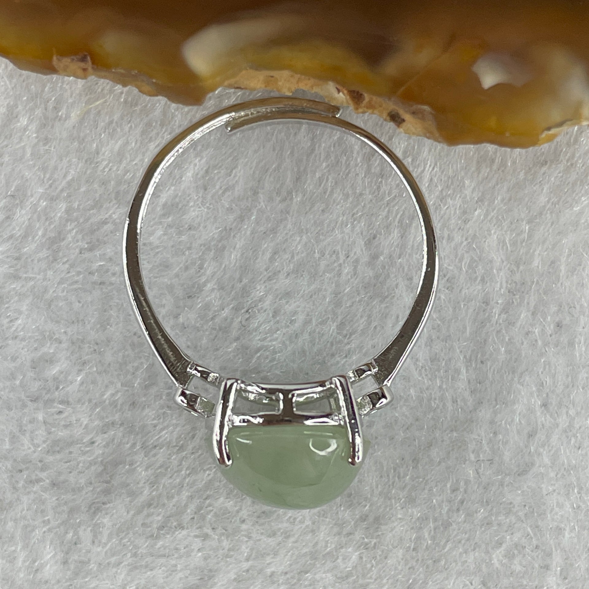 Natural Type A Semi Icy Faint Green Jadeite Oval Shape Cabouchon in S925 Silver Ring (Adjustable Size) 2.04g 11.0 by 9.4 by 5.5mm - Huangs Jadeite and Jewelry Pte Ltd