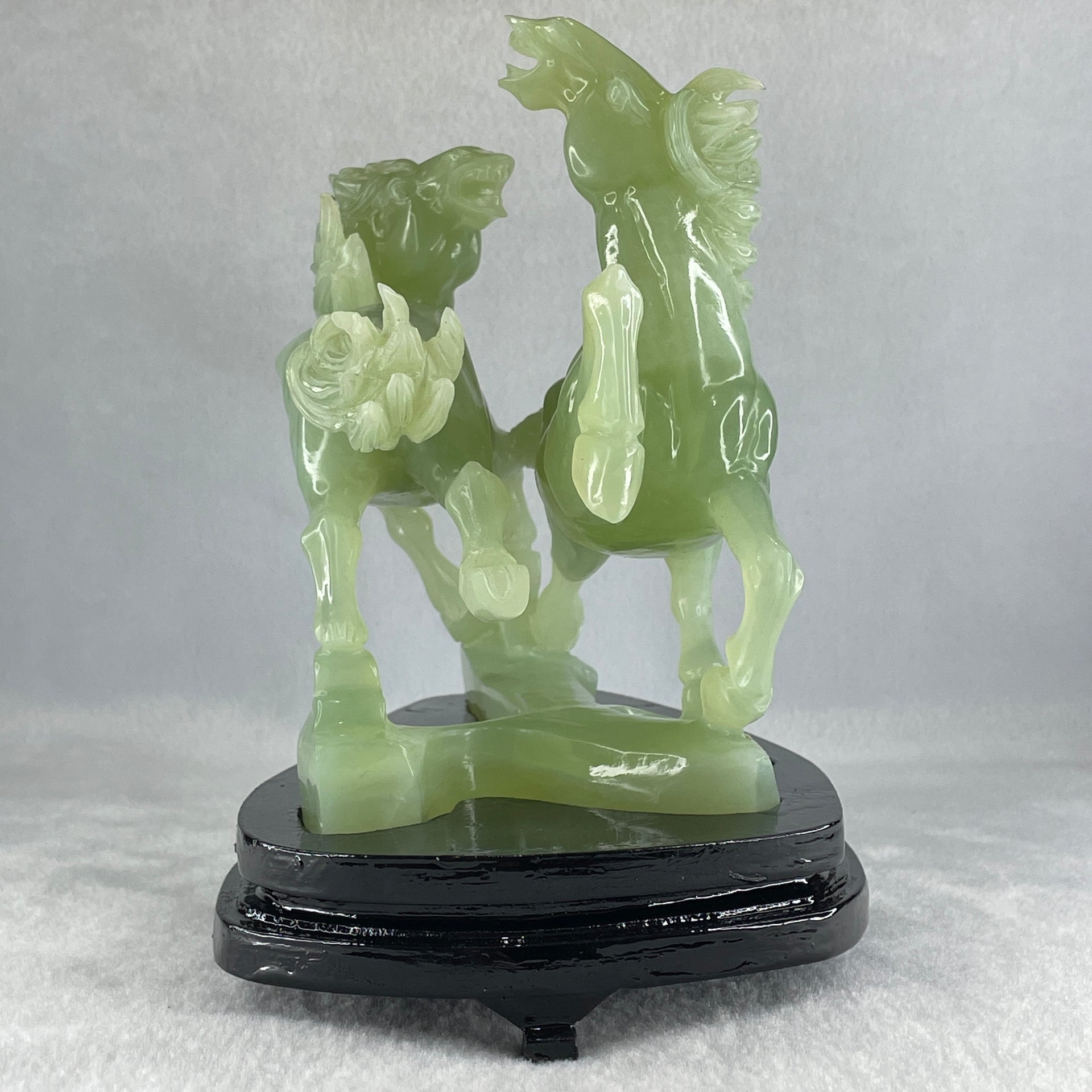 Natural Green Serpentine Double Victory Horses with Wooden Stand Display 1,339.7g 198.0 by 193.0 by 120.0mm - Huangs Jadeite and Jewelry Pte Ltd