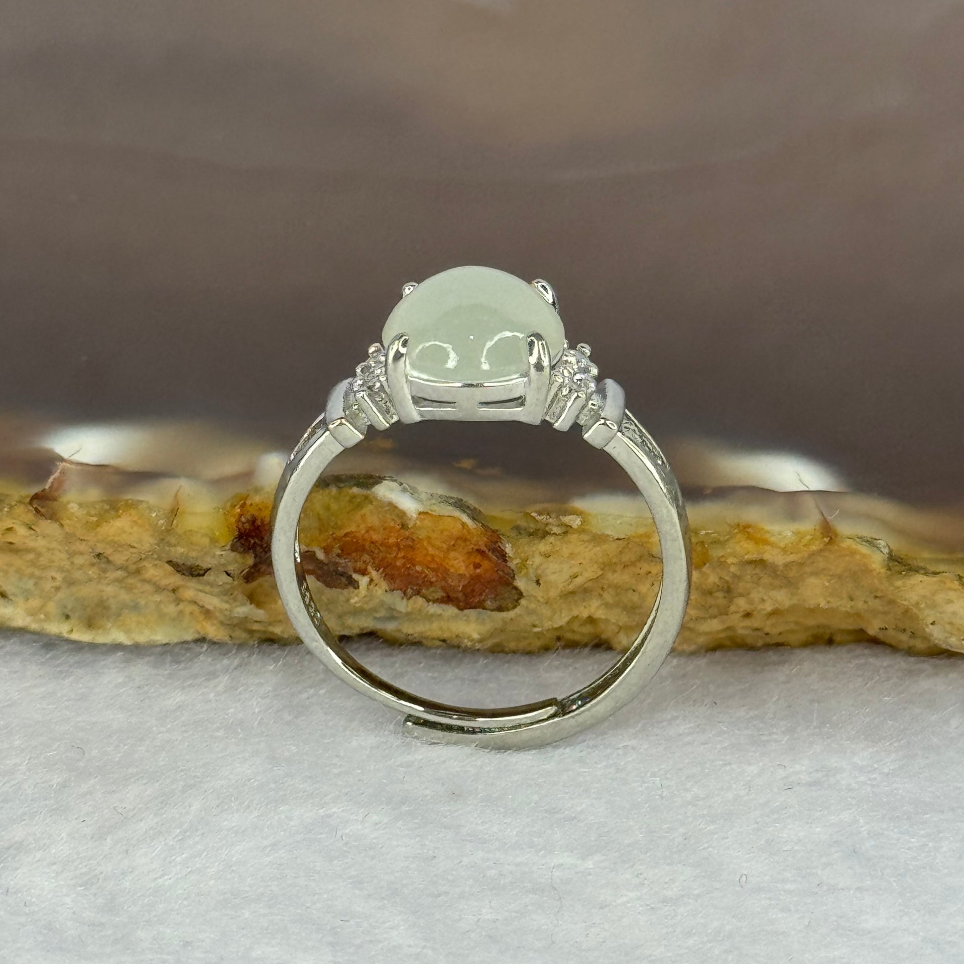 Type A Light Green Jadeite with Crystals in S925 Sliver Ring (Adjustable Size) 2.02g 9.7 by 8.2 by 3.5mm - Huangs Jadeite and Jewelry Pte Ltd