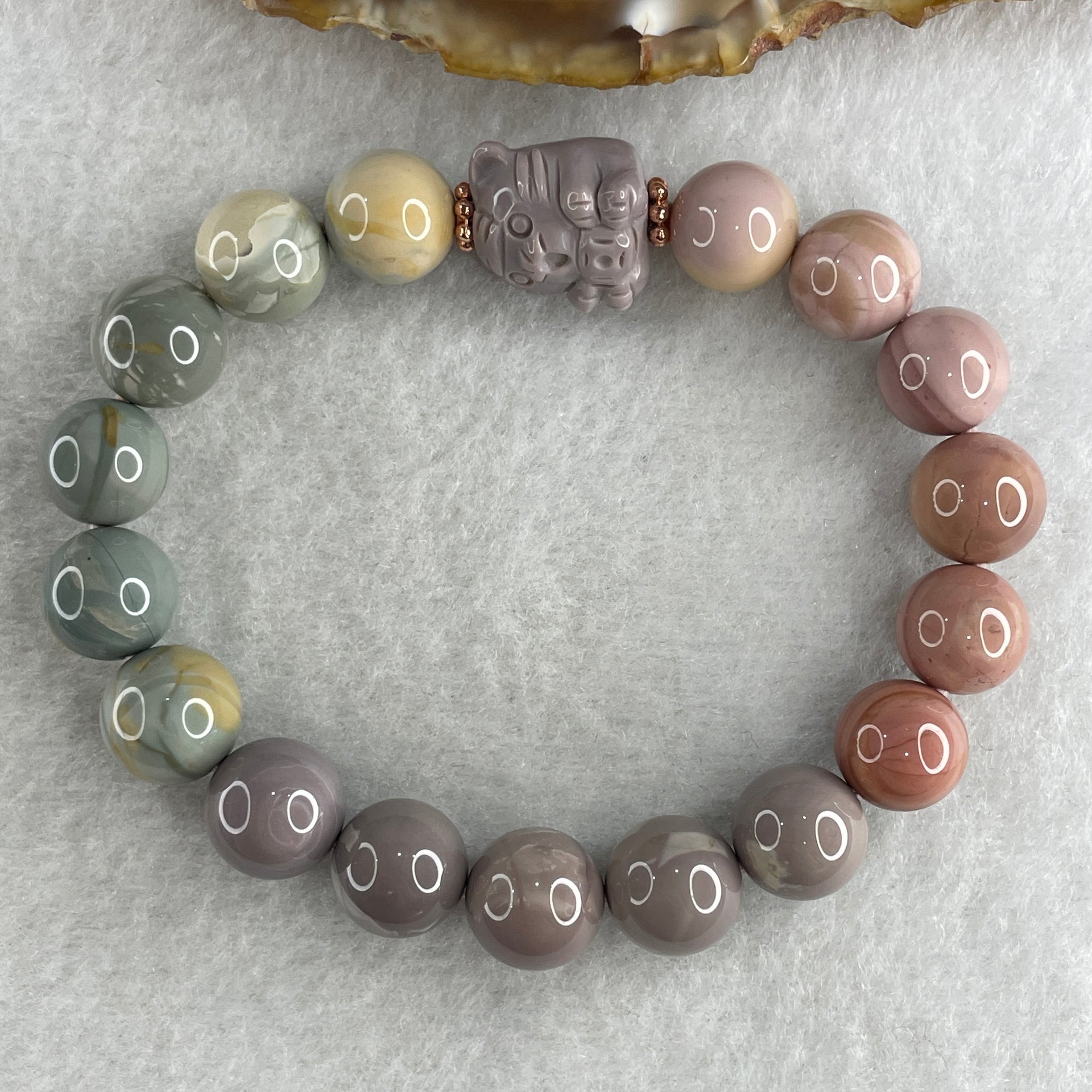 Natural Alashan Agate Pastels Pink Beads with Cat Charm Bracelet 29.60g 15.5cm 10.8mm 17Beads - Huangs Jadeite and Jewelry Pte Ltd