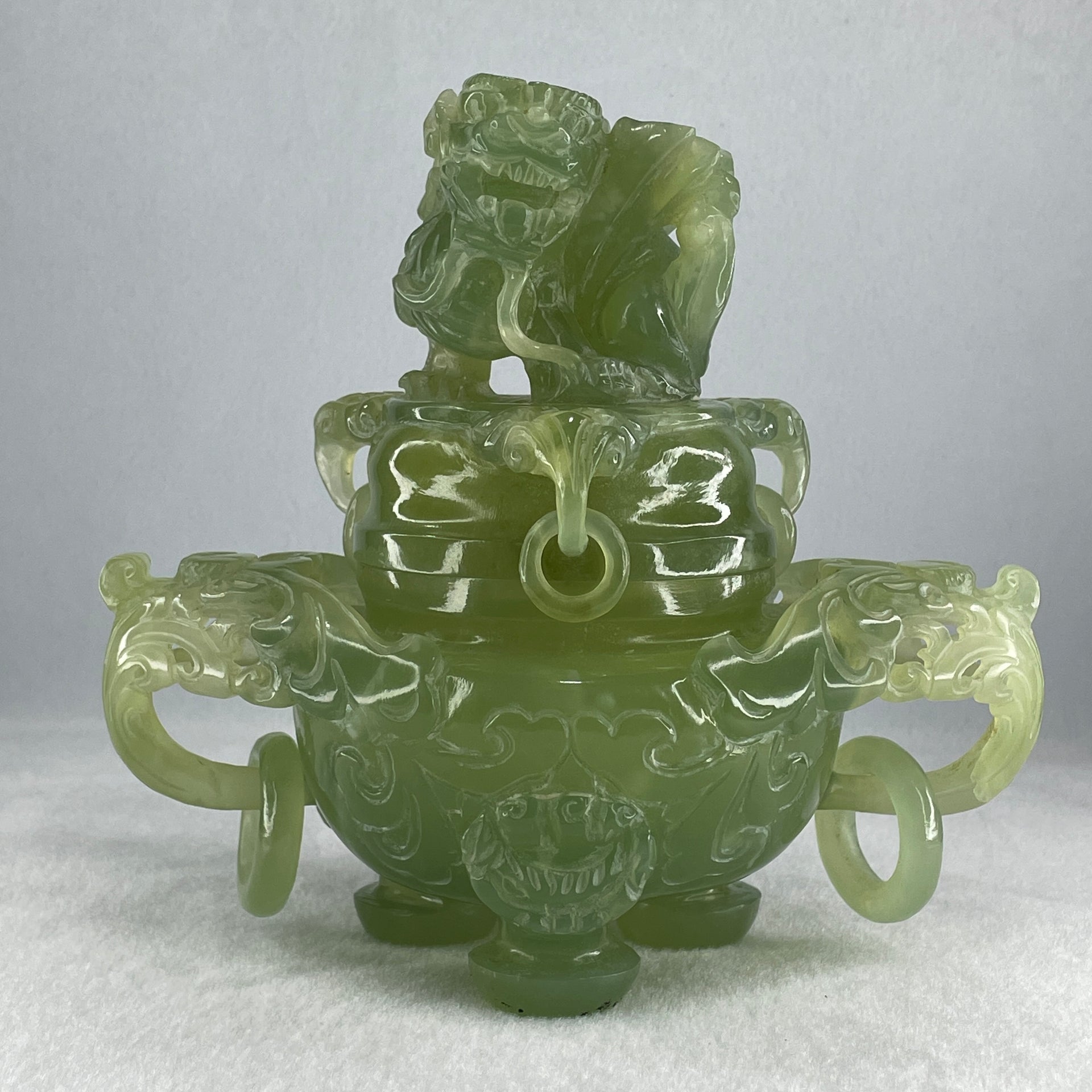 Natural Jelly Light Green Serpentine Pixiu Incense Burner with Wooden Stand Display 1,364.0 by 178.0 by 110.0 by 205.0mm - Huangs Jadeite and Jewelry Pte Ltd