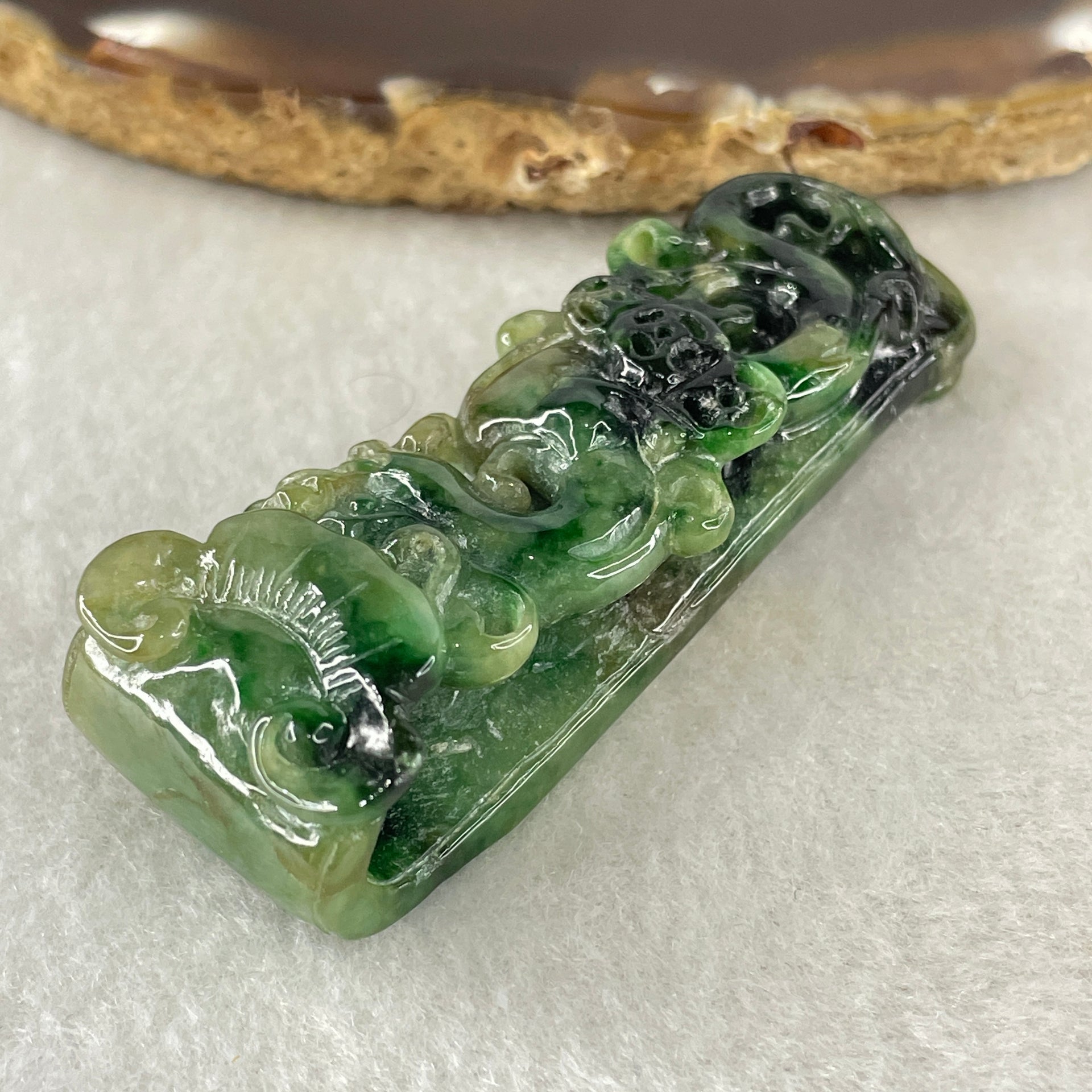 Antique Natural Type A Old Mine Spicy Green with Dark Green Patches Jadeite Dragon Coins with Ruyi Pendant 26.94g 57.8 by 21.2 by 14.7mm - Huangs Jadeite and Jewelry Pte Ltd