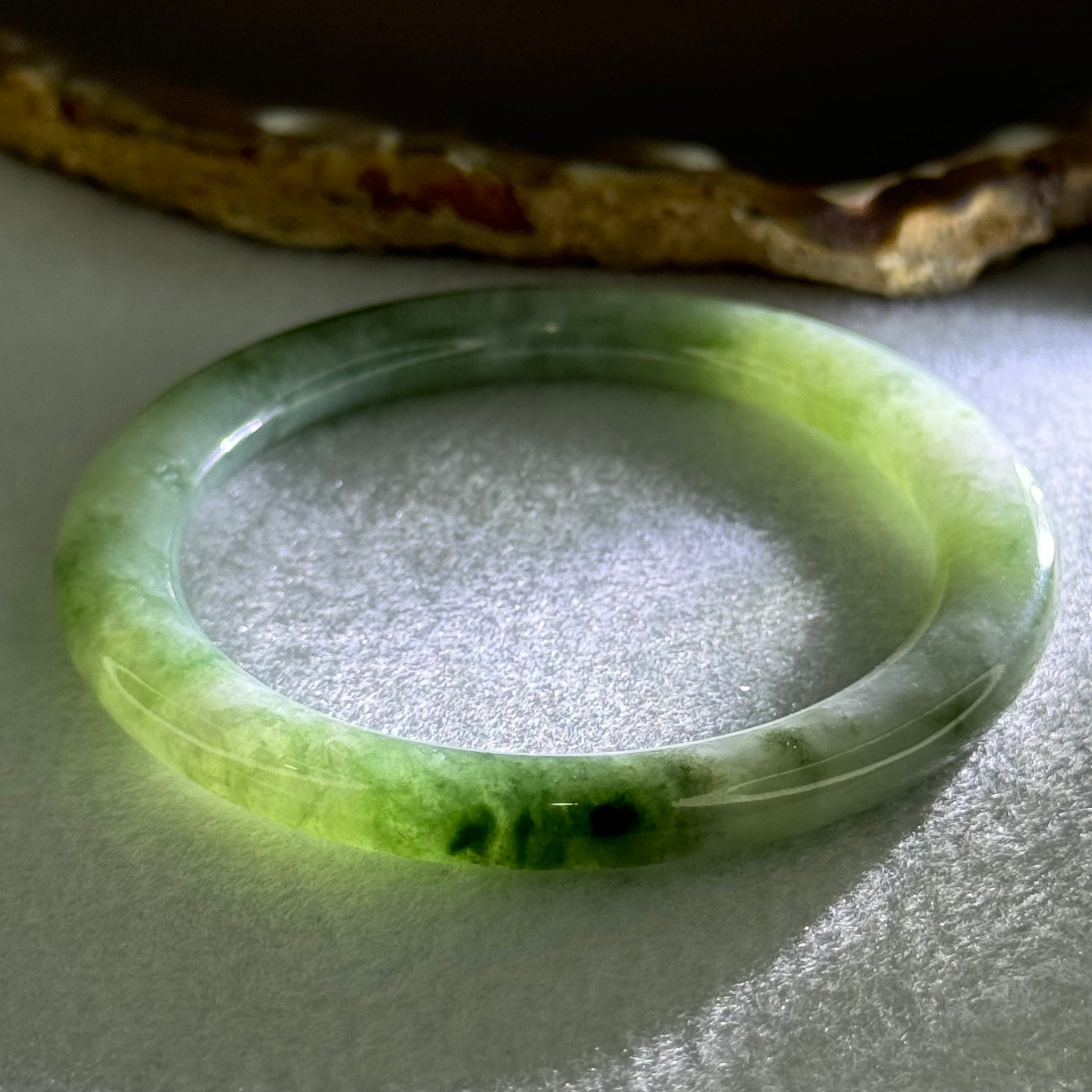 Type A Green with Dark Green  Piao Hua Jadeite Bangle Internal Diameter 51.0mm 25.68g 6.3 by 8.2mm (Slight Internal Line) - Huangs Jadeite and Jewelry Pte Ltd