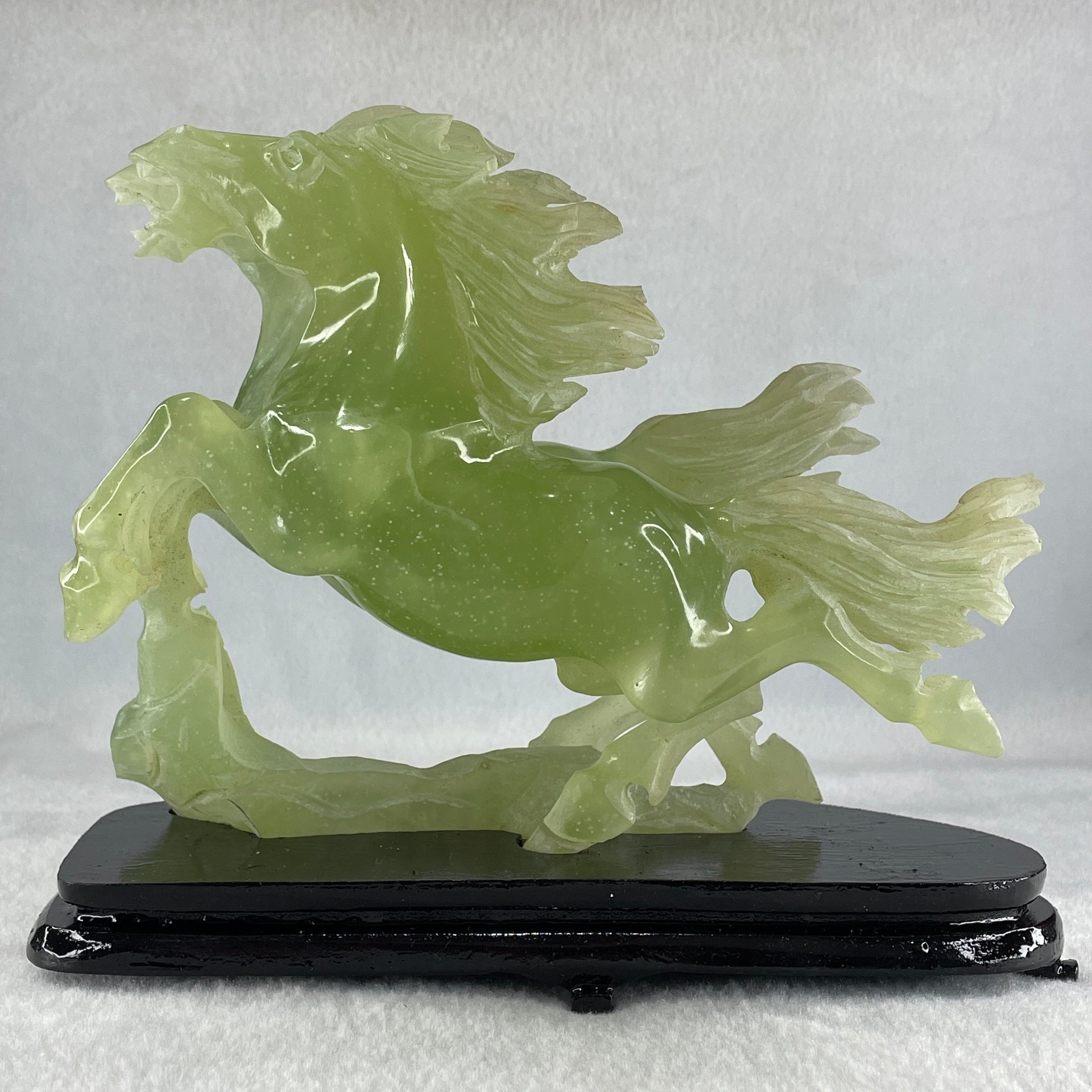 Natural Semi Icy Green Serpentine Double Horse with Wooden Stand Display 1119.9g 190.0 by 166.0 by 96.0mm - Huangs Jadeite and Jewelry Pte Ltd