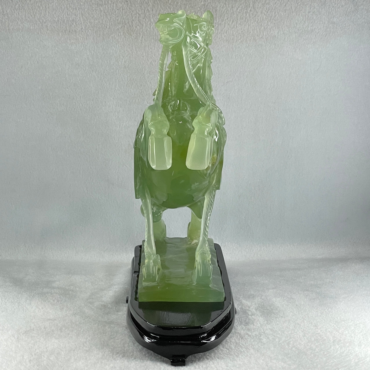 Natural Semi Icy Green Serpentine Victory Horse with Wooden Stand Display 2,644.2g 270.0 by 96.0 by 260.0mm