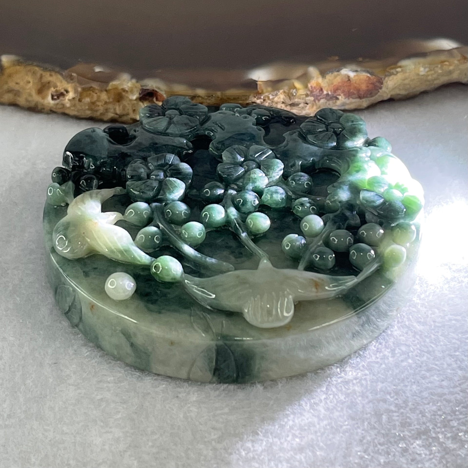 Type A Demin Blue with Light Blueish Green Jadeite Twin Birds with Prosperity Flowers Bangle Inner Diameter 57.4mm 12.4 by 11.9mm and Pendant 55.3 by 13.1mm Total Weight 156.22g - Huangs Jadeite and Jewelry Pte Ltd