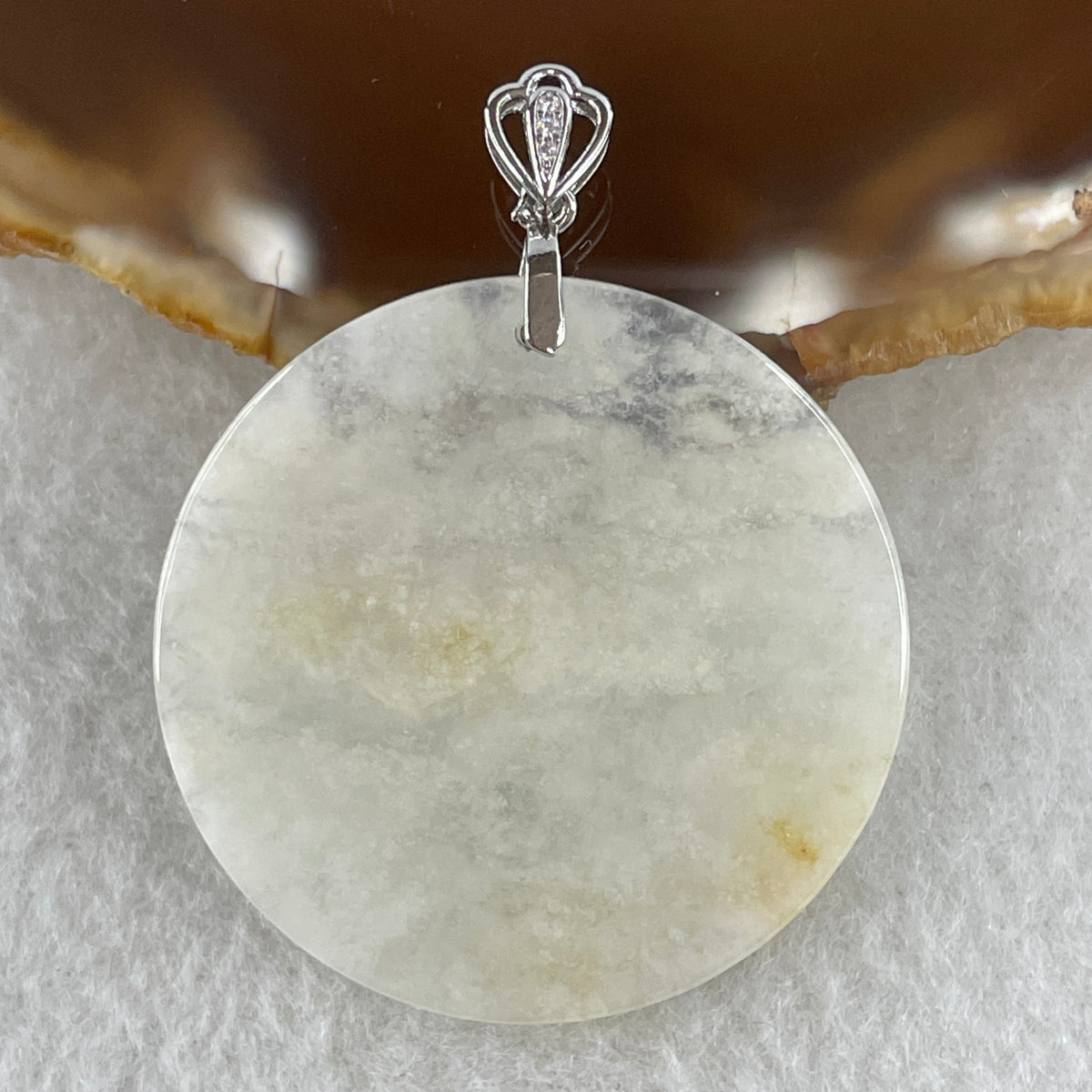 Natural Type A Semi-Icy White & Brownish Jadeite Round Wu Shi Pai Pendant in S925 Silver | Peace Plaque & Protection (10.44g | 46.2 x 3.0mm) - Huangs Jadeite and Jewelry Pte Ltd