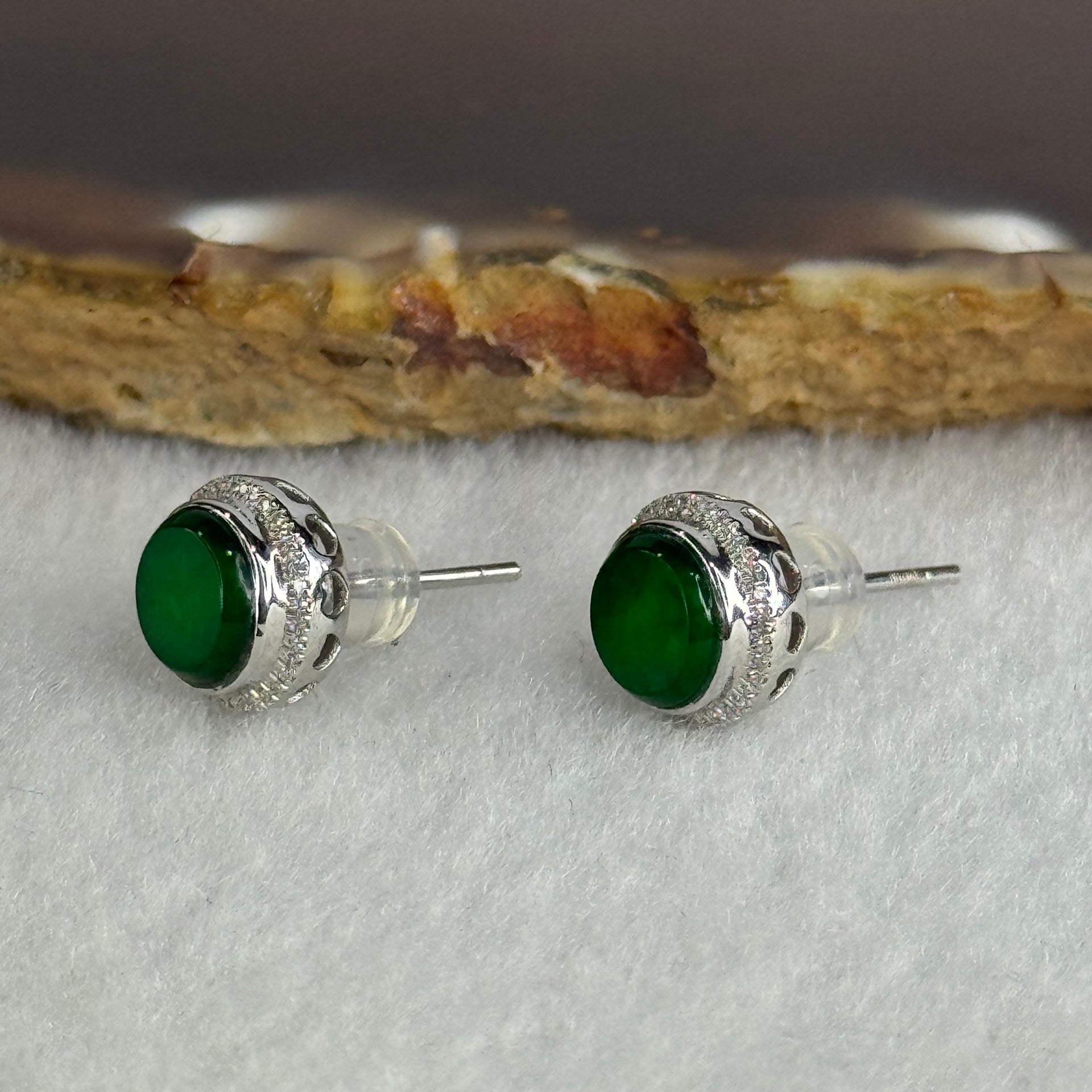 Type A Icy Old Mine Full Green Hua Qing Jade Jadeite with Diamonds Round Earrings 2.35g 9.5 by 9.5 by 5.7mm - Huangs Jadeite and Jewelry Pte Ltd