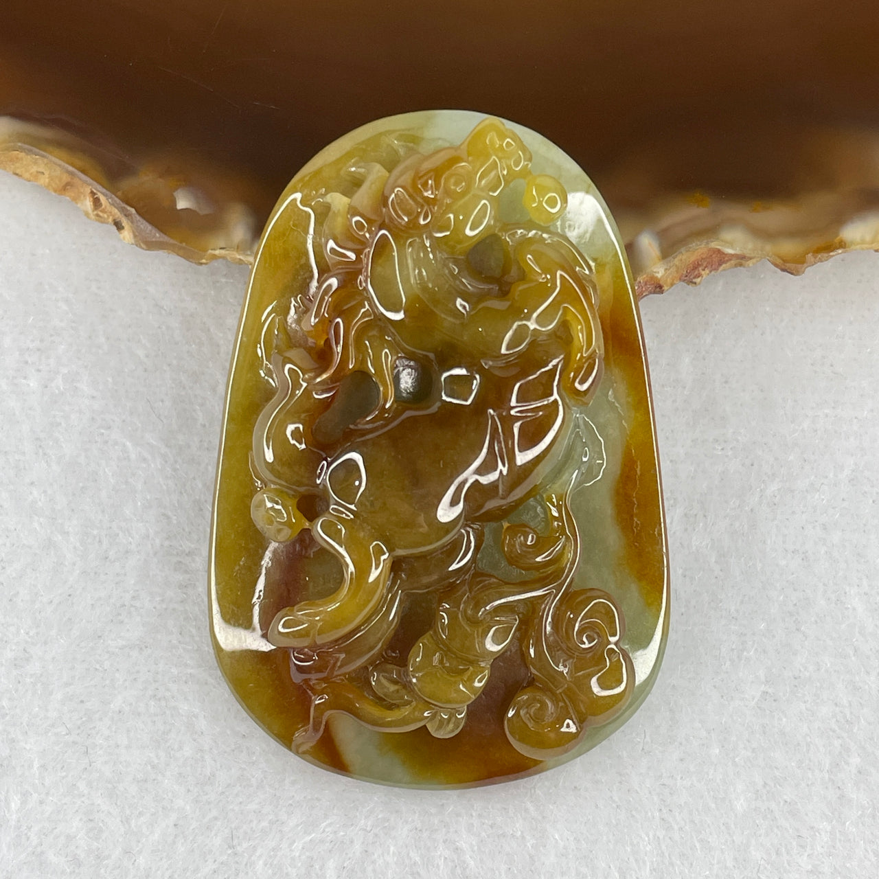 Certified Natural Type A Imperial Brownish Yellow & Green Jadeite Horse with Ancient Coin Pendant | Masterpiece Deep High-Relief Carving | Ultimate Myanmar Feicui Career Victory & Immediate Wealth Amulet (27.40g | 50.1x34.4x10.0mm)