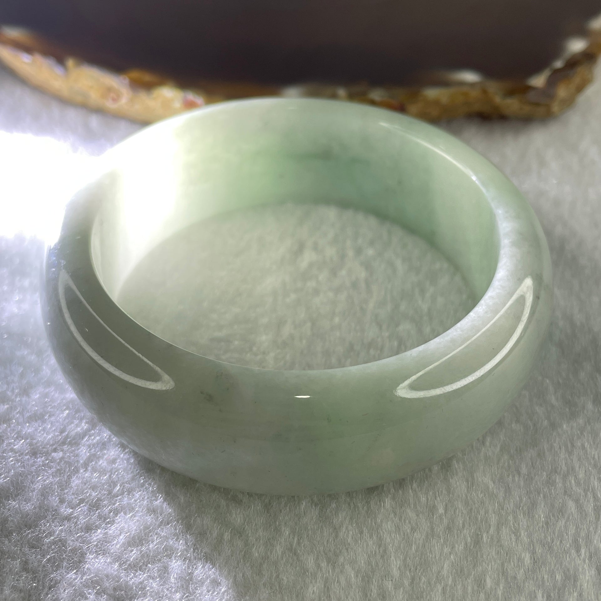 Type A Natural Light Green with Light Lavender Jadeite Bangle 84.56g Inner Diameter 54.5mm 19.0 by 8.4mm (Internal Line) - Huangs Jadeite and Jewelry Pte Ltd