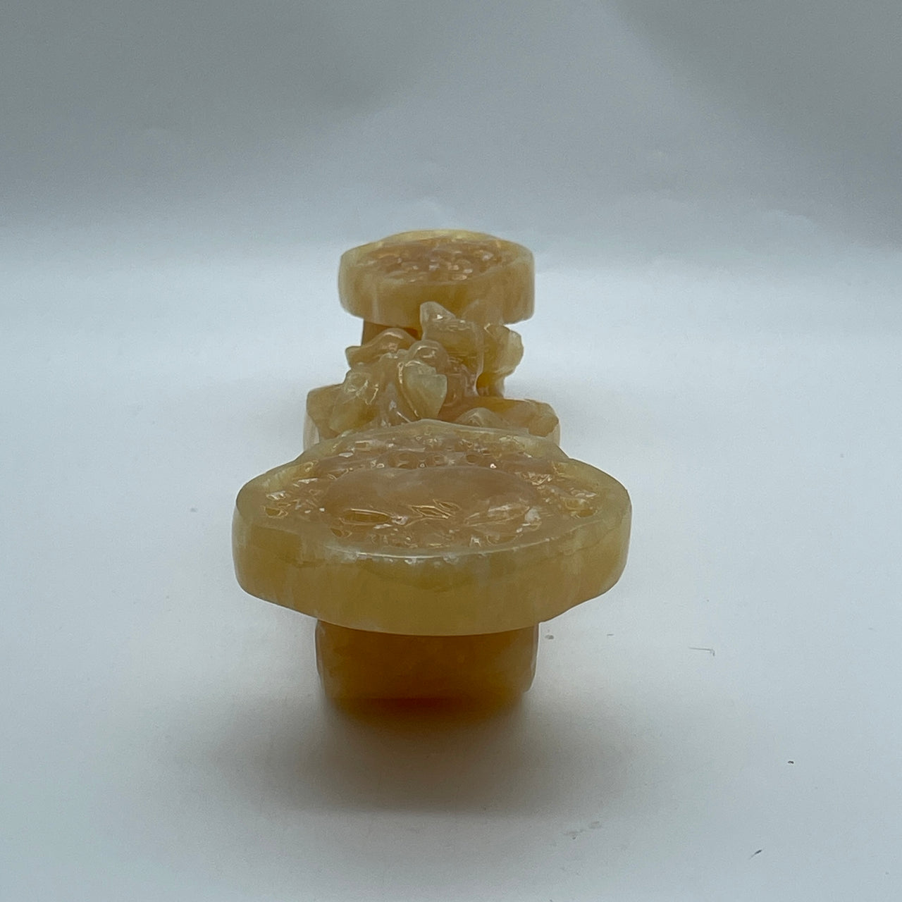 Natural Golden Yellow Calcite Masterwork Carving | Over 1.1kg Structural Crystal | Sacred Ruyi Scepter with Pixiu Twin Guardians, Flying Bats & Longevity Peach | Imperial Wealth, Sovereignty & Health Feng Shui Statuette (1,137.7g, 325.0x80.0x60.0mm)