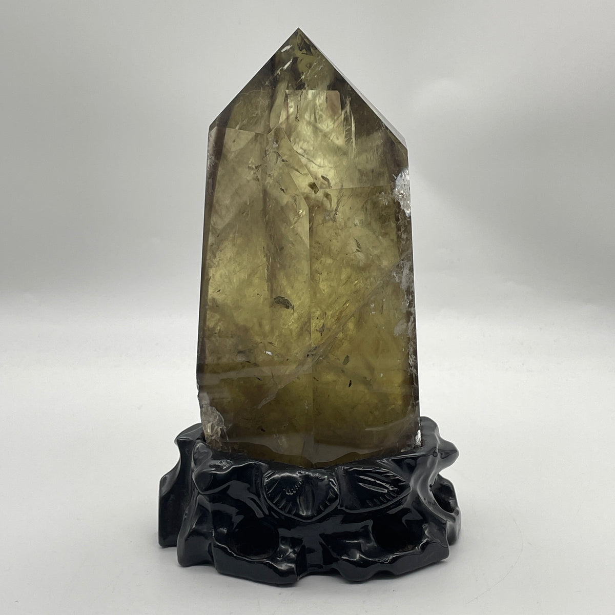 High Grade Natural Smoky Quartz Tower Display with Custom Wooden Stand | (1,698.1g | 120.0x105.0x205.0mm | Chakra & Earth Star Anchor, Stress Dissolver, Executive Composure & Feng Shui Protection Fortress)
