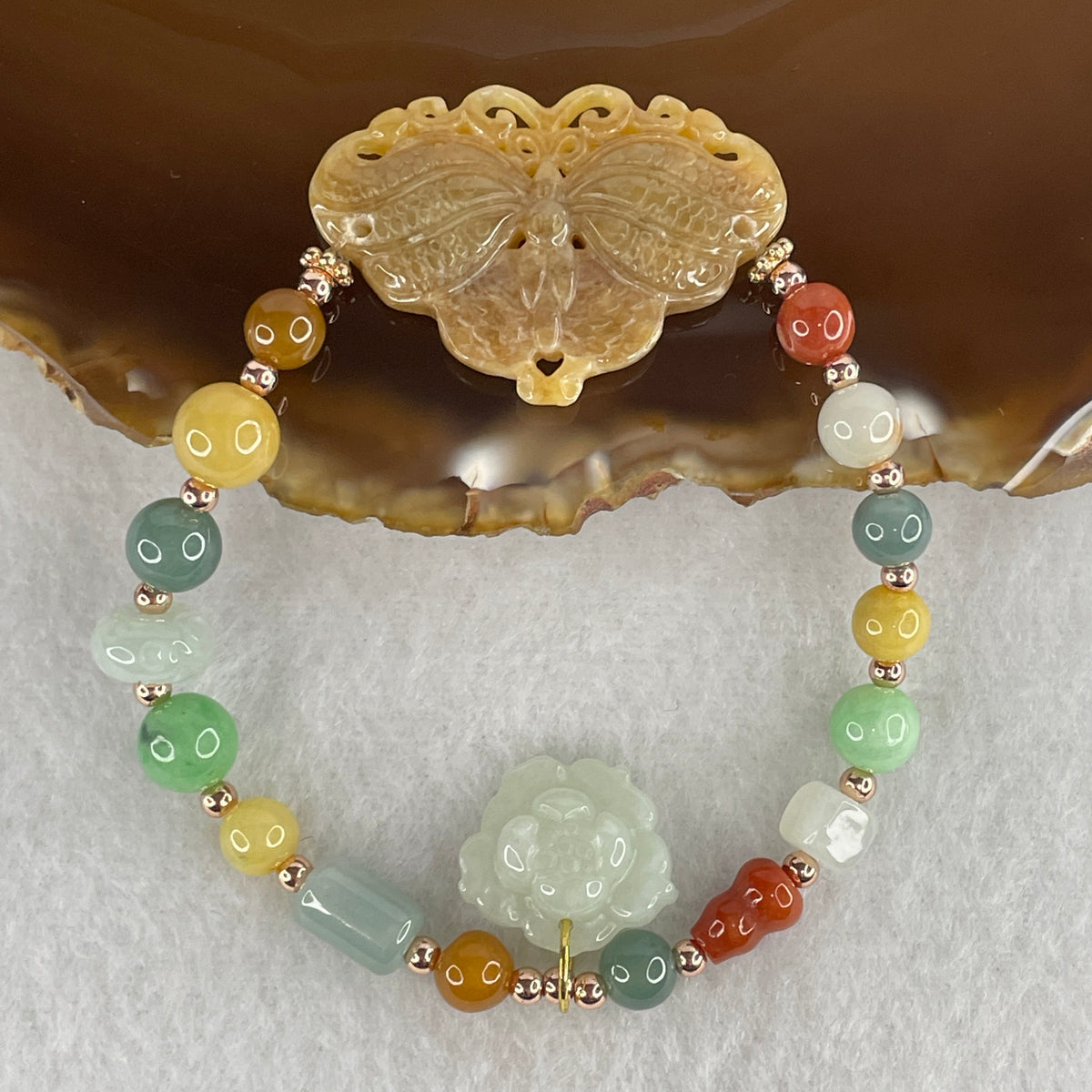 Natural Type A Multi-Color Jadeite Butterfly with Lotus & Lulutong Beads Bracelet | 15cm (18.19g  | 35.8x25.3x5.4mm Butterfly - Lotus 15.1x16.5x5.7mm | Transformation, Purity & Unblocked Fortune)