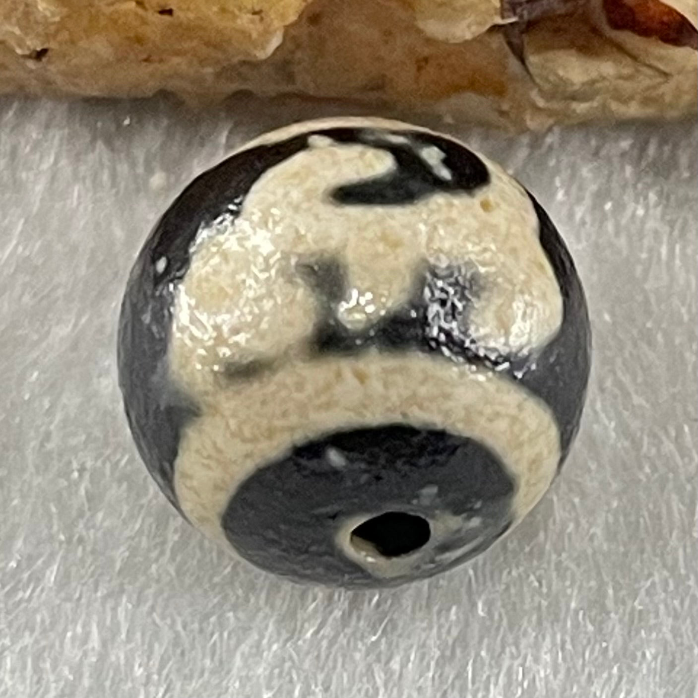 Natural Powerful Tibetan Old Oily Brown Yellowish White Agate Green Tara Dzi Bead Heavenly Master (Tian Zhu) 绿度母天珠 1.47g 10.0 by 10.4mm - Huangs Jadeite and Jewelry Pte Ltd