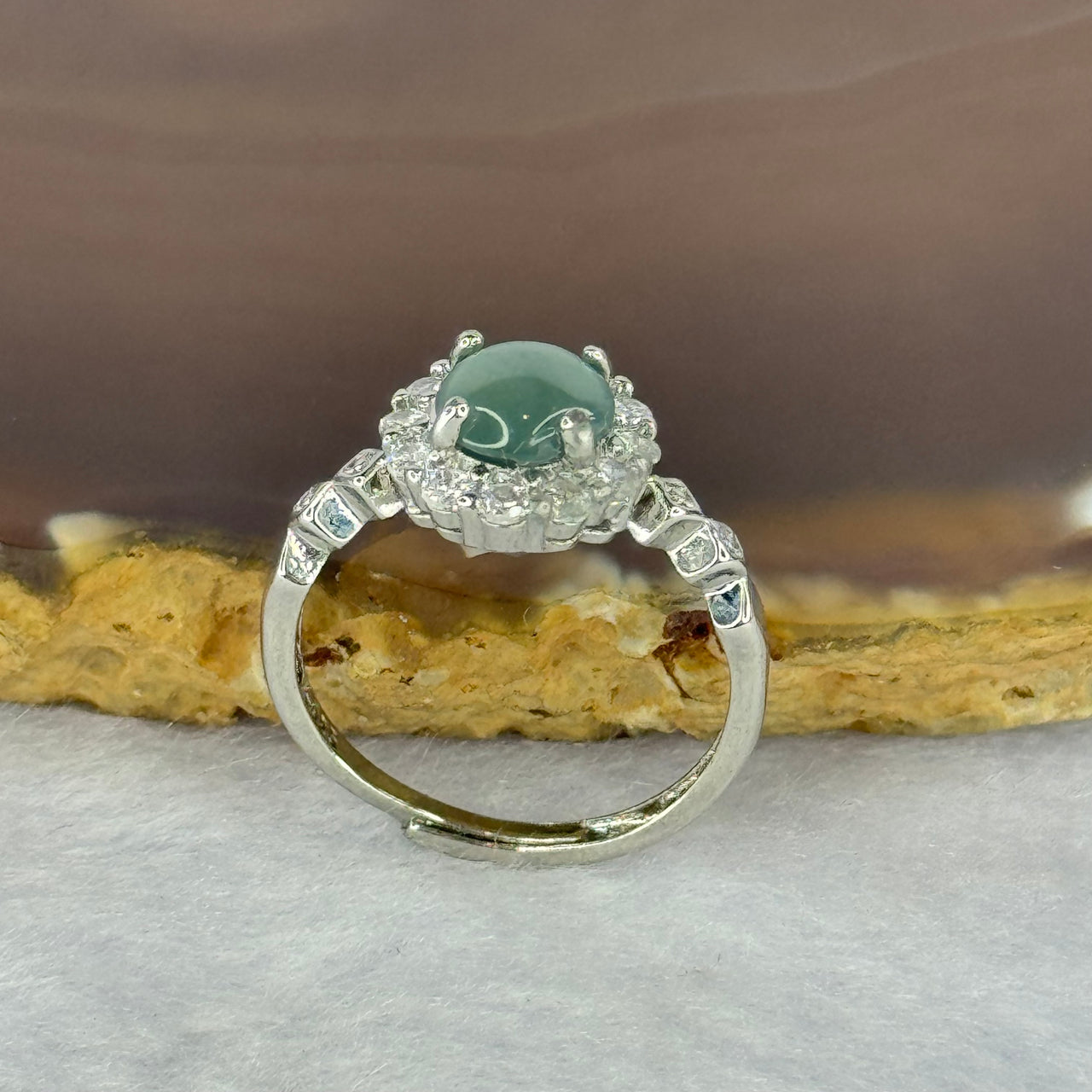 Type A Icy Blueish Green Jadeite with Crystals in S925 Sliver Ring (Adjustable Size) 1.77g 6.9 by 3.0mm - Huangs Jadeite and Jewelry Pte Ltd
