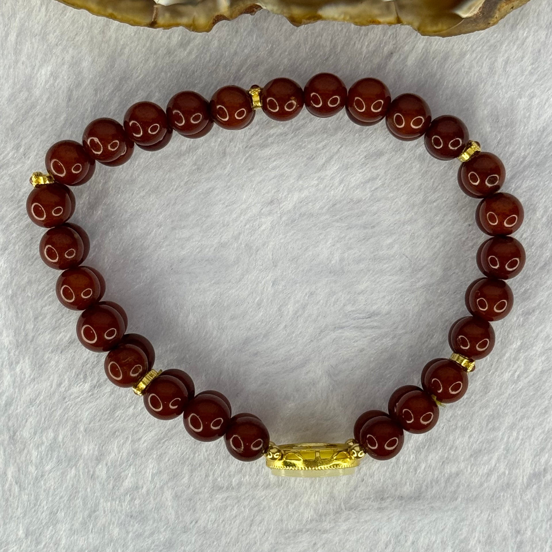 Natural Brownish Red Amber Beads with Gold Color Charms Bracelet 10.69g 16.5cm 6.5mm 52 Beads - Huangs Jadeite and Jewelry Pte Ltd