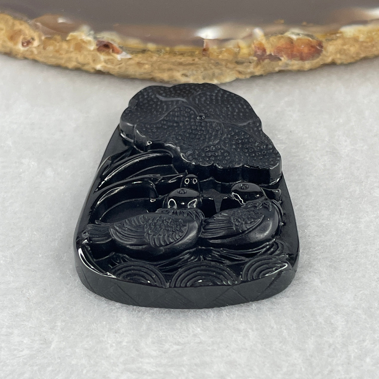 Certified Natural Type A Black Omphacite Jadeite Mandarin Ducks Pair and Lotus Leaf Pendant 18.22g 50.2 by 33.3 by 7.9mm