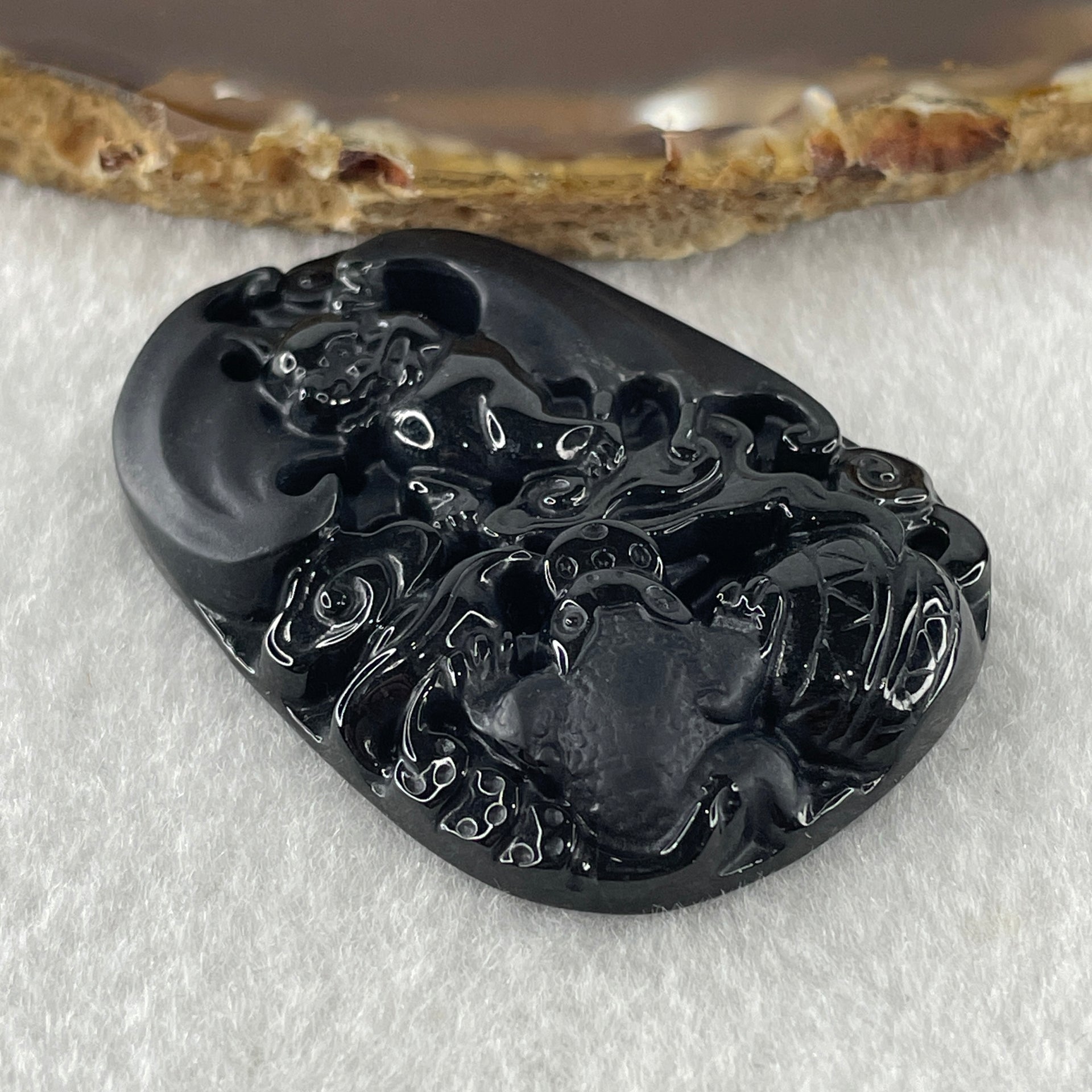 Type A Opaque to Partial Translucent Black Omphacite Jadeite Bat and 3 Legged Toad Pendant 29.98g 51.5 by 36.8 by 8.5mm - Huangs Jadeite and Jewelry Pte Ltd