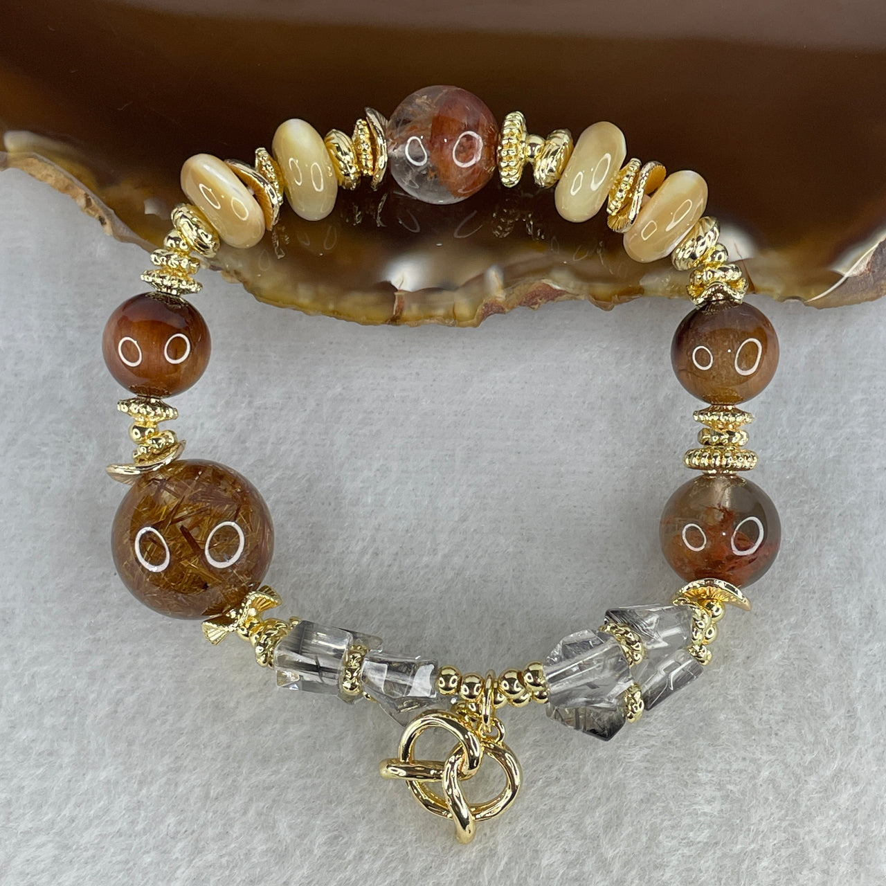Natural Copper Rutile, Silver Titanium Rutile, Phantom Quartz & Moonstone Bracelet | 14cm Tailored Strand | 17-Piece Graded "Cosmic Matrix" Powerhouse Statement Cluster with Gold Flower Charms (29.00g, 6.7-15.6mm)