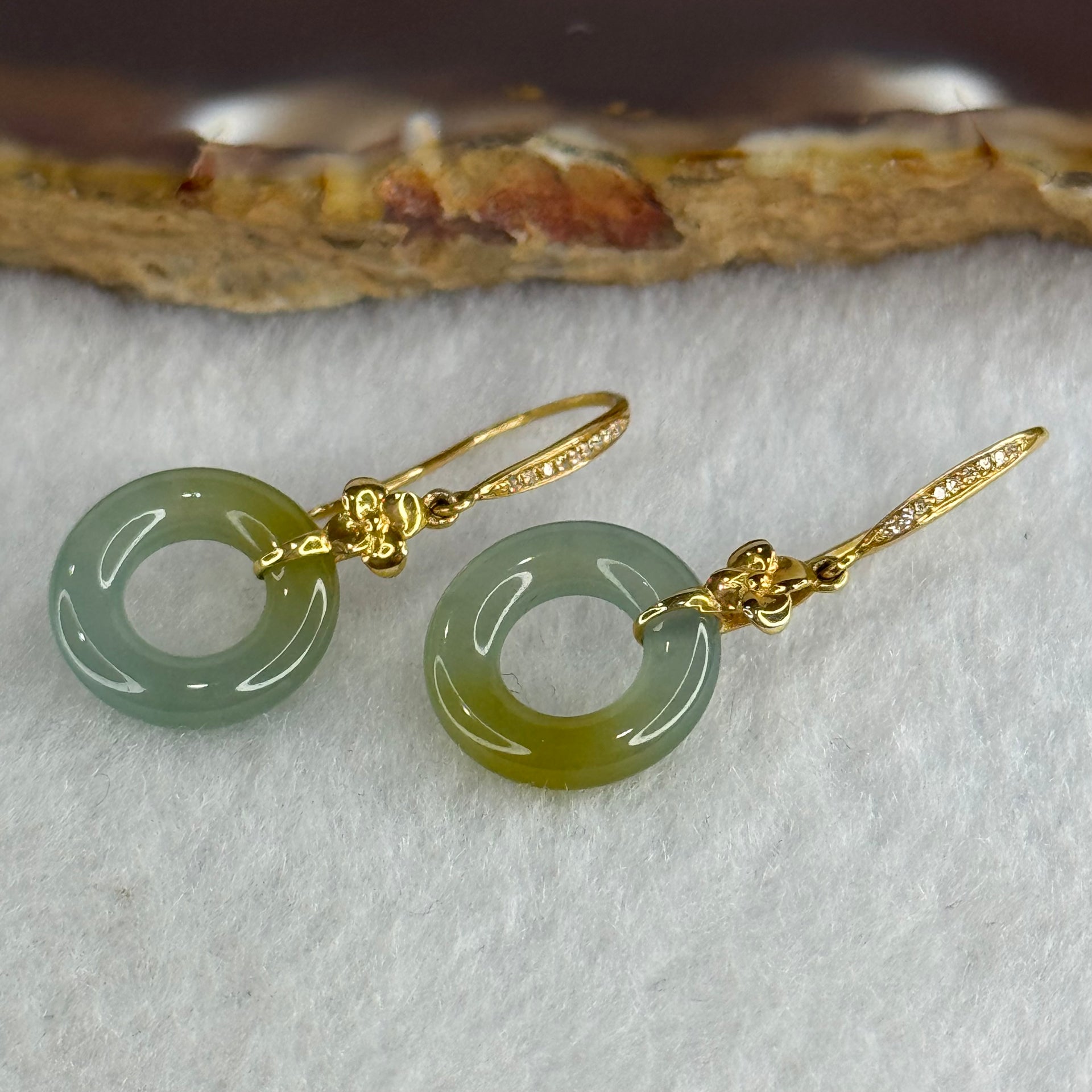 Type A Icy Blueish Green with Yellow Ping An Kou Jade Jadeite Earrings 18k Yellow Gold 2.12g 30.8 by 12.6 by 2.6mm - Huangs Jadeite and Jewelry Pte Ltd