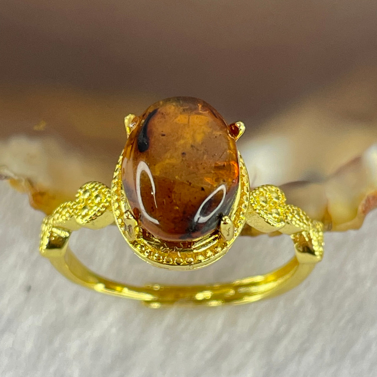 Natural Cognac Amber in S925 Silver Gold Color Ring 1.86g 10.0 by 7.7 by 5.0mm - Huangs Jadeite and Jewelry Pte Ltd