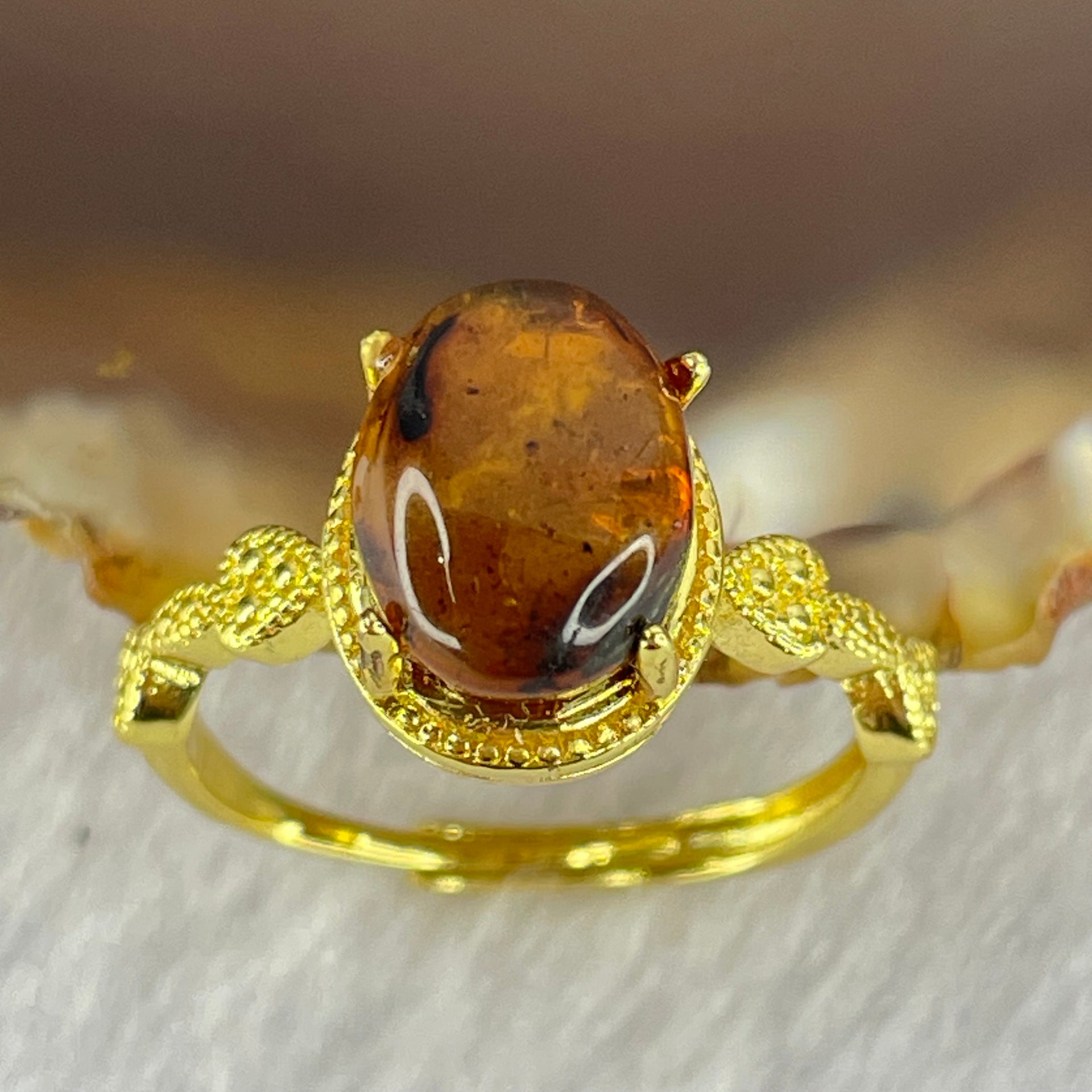 Natural Cognac Amber in S925 Silver Gold Color Ring 1.86g 10.0 by 7.7 by 5.0mm - Huangs Jadeite and Jewelry Pte Ltd