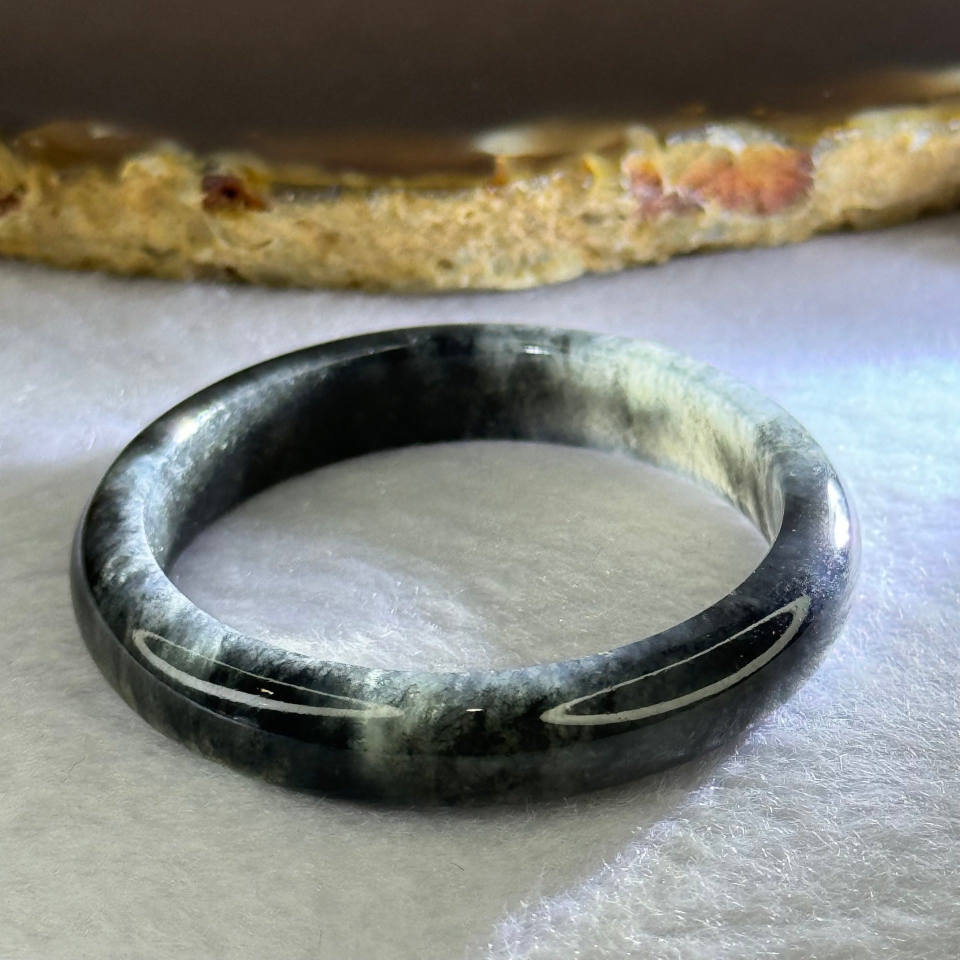 Type A Highly Translucent Black Grey Wuji Jadeite Baby Bangle 13.48g Internal Diameter 36.4mm 7.8 by 5.2mm (Very Slight External Rough) - Huangs Jadeite and Jewelry Pte Ltd