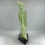 Natural Semi Icy Green Serpentine Fairy with Tong Zhi and Lotus Flower with Wooden Stand Display 1,228.0g 196.0 by 76.0 by 283.0mm - Huangs Jadeite and Jewelry Pte Ltd