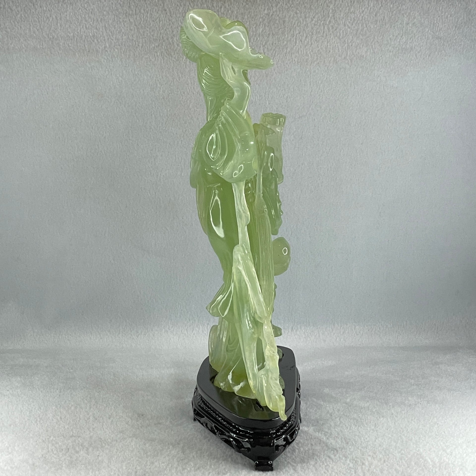 Natural Semi Icy Green Serpentine Fairy with Tong Zhi and Lotus Flower with Wooden Stand Display 1,228.0g 196.0 by 76.0 by 283.0mm - Huangs Jadeite and Jewelry Pte Ltd