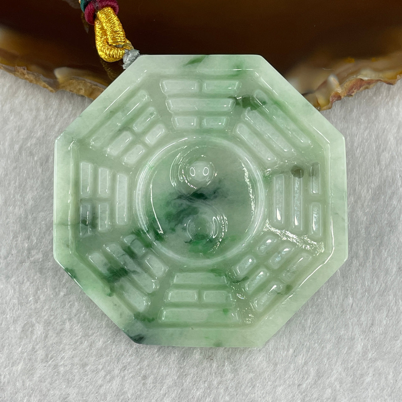 Natural Type A Light Green with Green Piao Hua Jadeite Bagua Pendant 36.46g 55.2 by 6.1mm