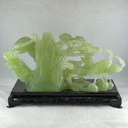 Natural Jelly Green Serpentine Tiger with Double Horse and Twin Flamingo on Shan Shui with Wooden Stand Display 2,362.7g 295.0 by 148.0 by 206.0mm - Huangs Jadeite and Jewelry Pte Ltd
