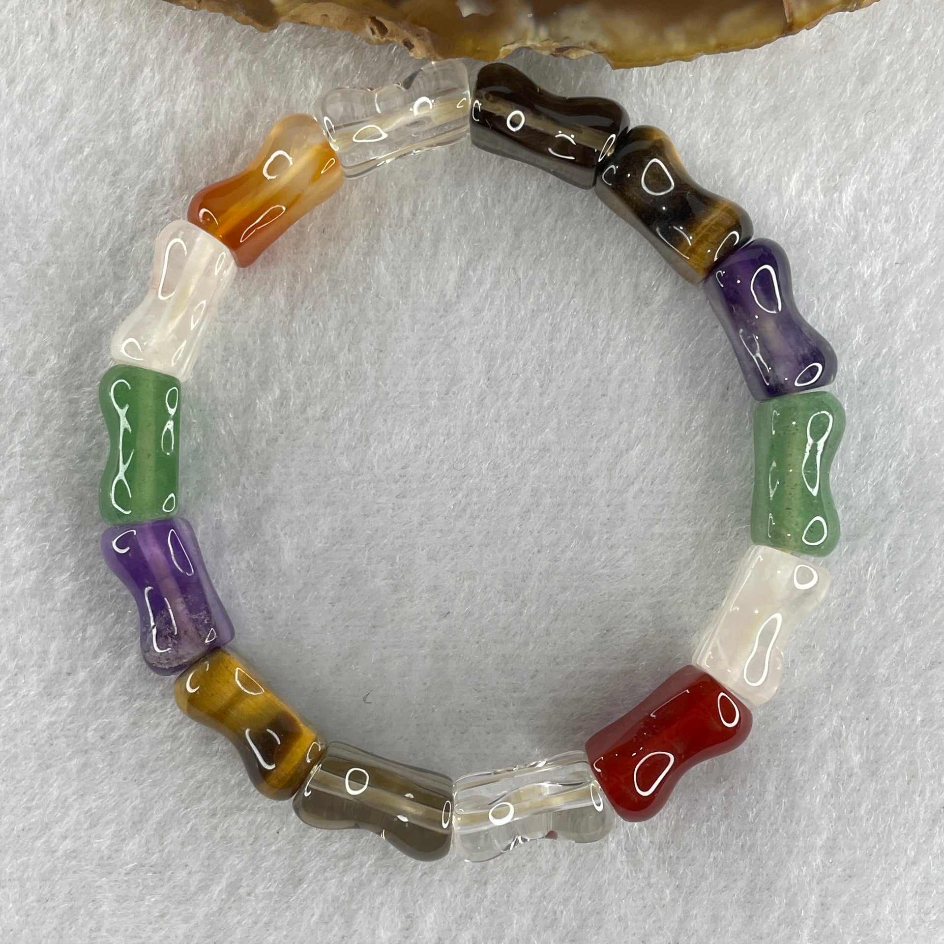 Natural Multi Treasures Mixed Quartz Bamboo Shaped Beads Feng Shui Bracelet 11.19g 16cm 9.4mm 14 Beads - Huangs Jadeite and Jewelry Pte Ltd