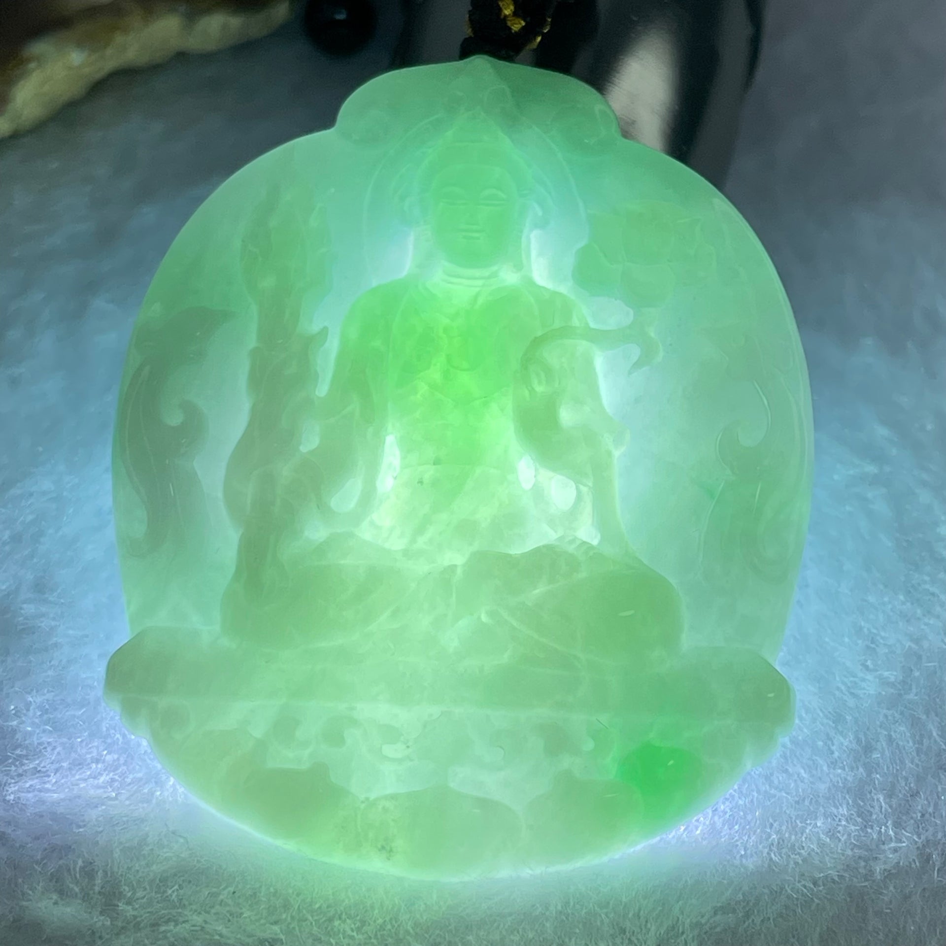 Type A Light Green with Apple Green Jadeite Guan Yin Bodhisattva Pendant 25.90g 53.3 by 44.5 by 6.2mm - Huangs Jadeite and Jewelry Pte Ltd